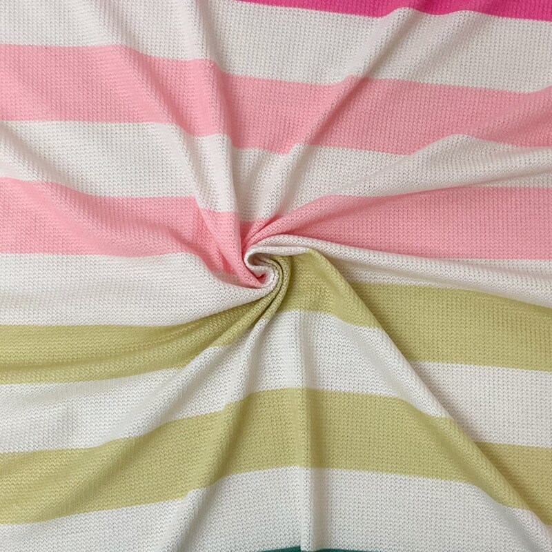 White-Pink-Multi Poly Rayon Stripe Printed Jersey Knit Fabric By the Yard