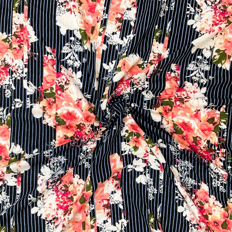 Black-Multi Rayon Spandex Floral Stripe Print Jersey Knit Fabric By the Yard