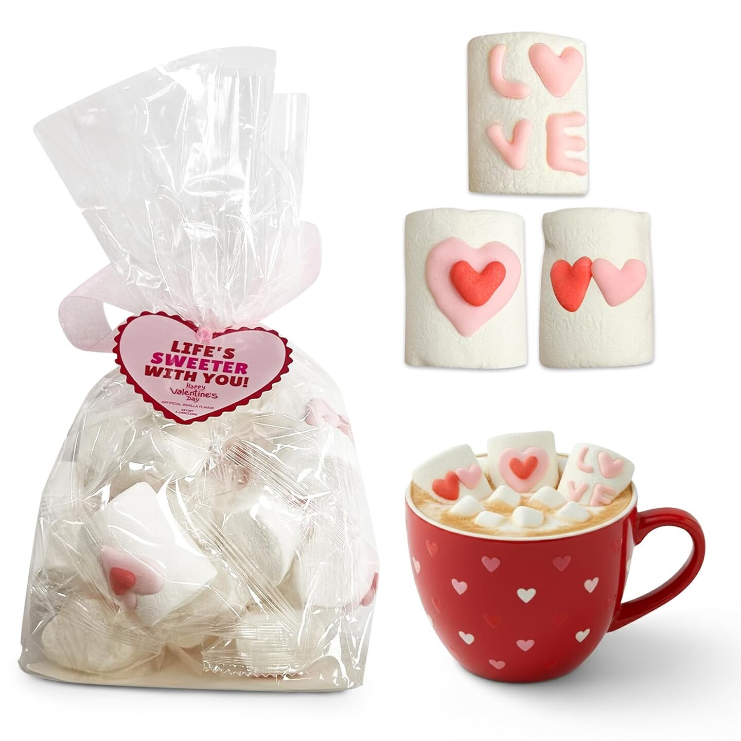 4E's Novelty decorative Marshmallows (16 Pcs) - Decorated Marshmallow with Hearts Individually Wrapped Bulk, Valentine Marshmallow Hearts Pink Candy, Treats for Fun Non-Candy Valentines Day Candy