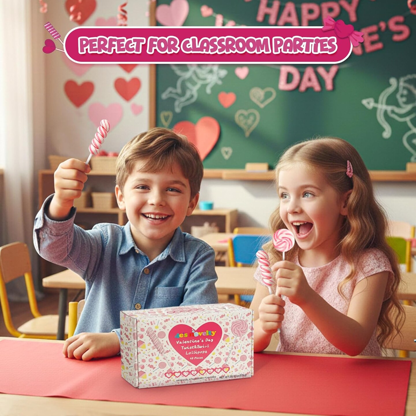 4E's Novelty Pink Swirl and Twist Lollipop (48 Pack) - Pink Swirl Lollipops Individually Wrapped Valentines Candy Bulk for Kids Classroom Exchange, Fun and Sweet Twist Lollipops Bulk Party Favors