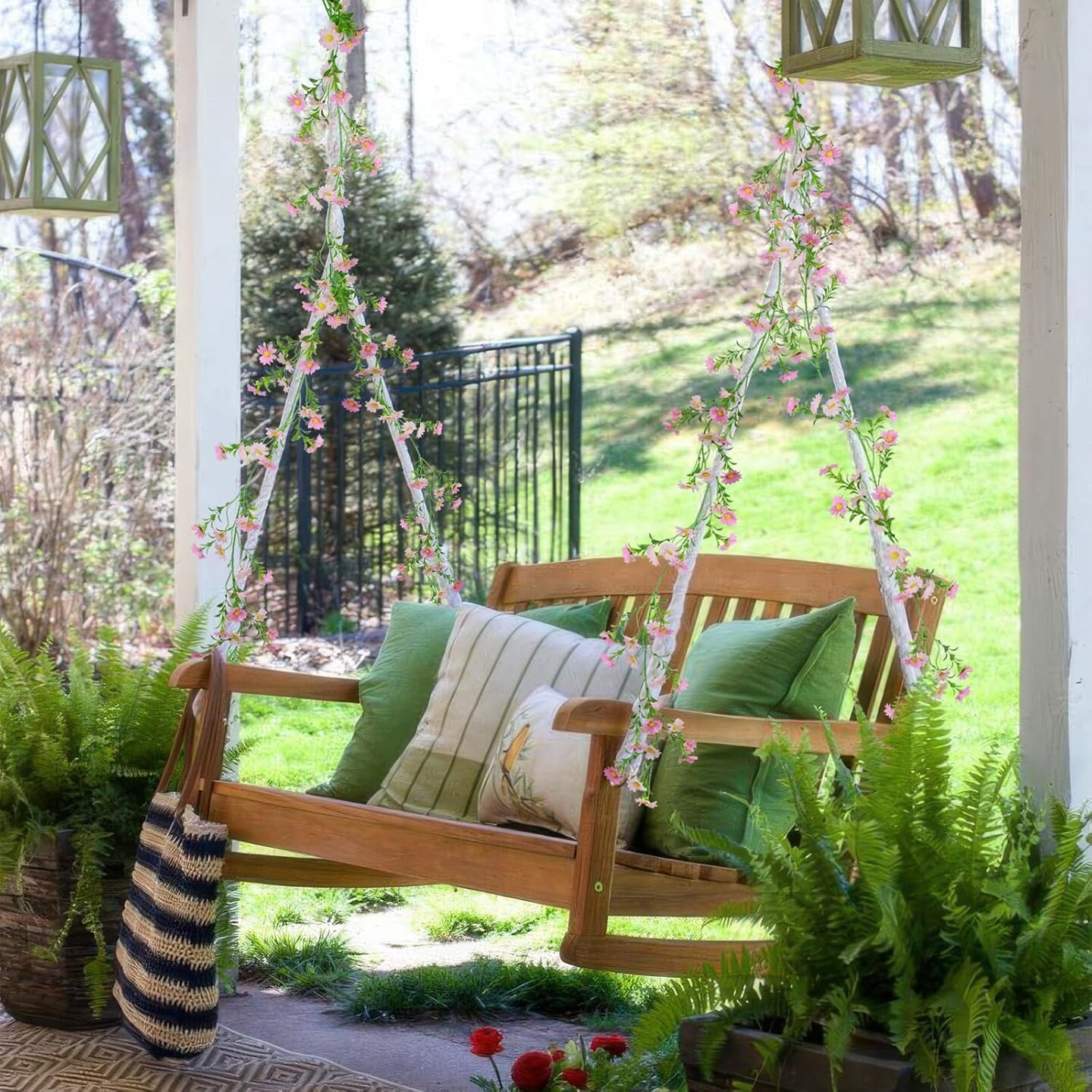 Spring Floral Garlands – Artificial Daisy Flower Vine, Silk Wildflower Garland with Light Pink Daisies & Green Leaves, Hanging Floral Vine for Wall, Wedding Arch, Party Decor Indoor & Outdoor