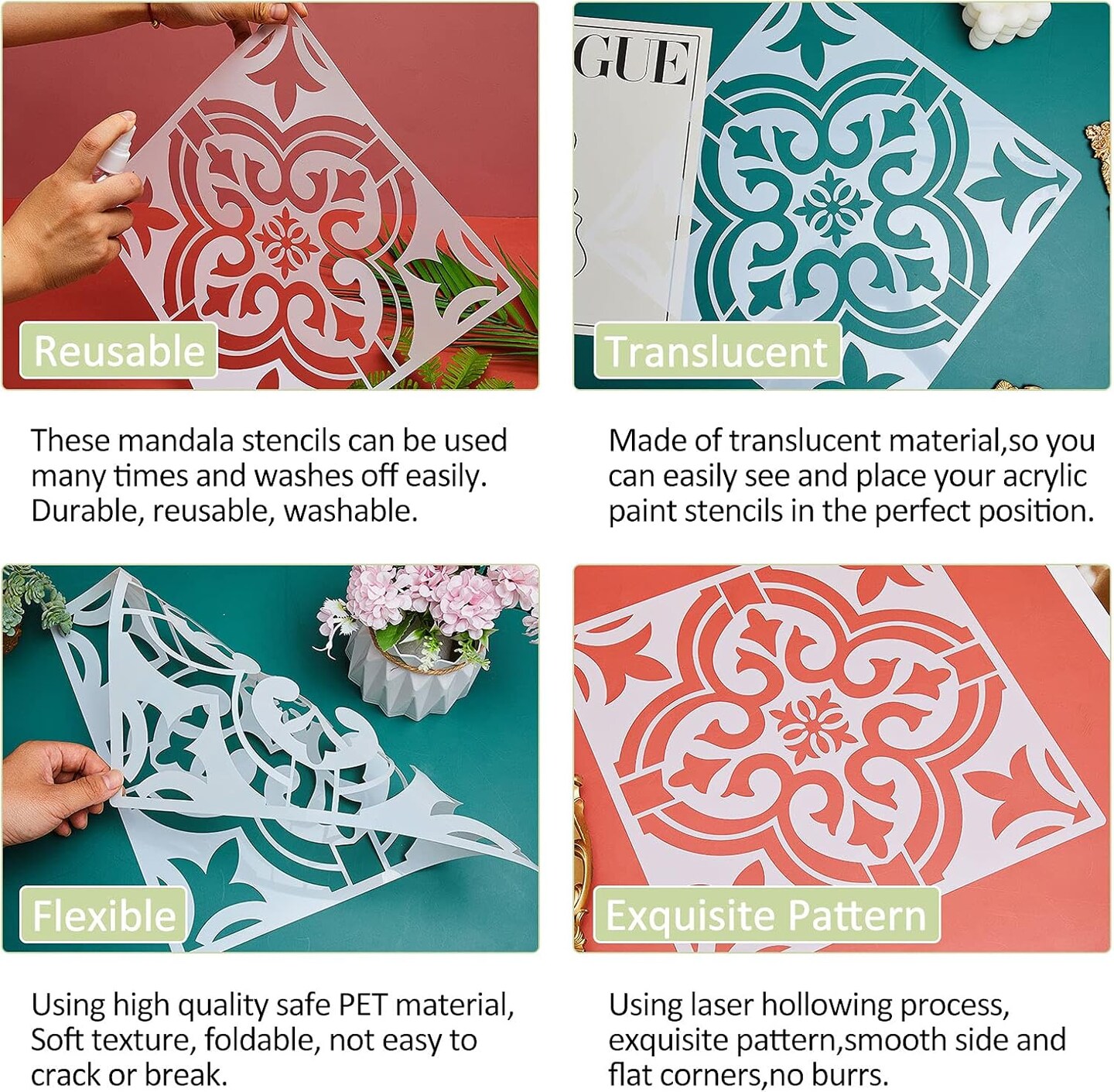4PCS Large Tile Stencil Set – 12x12 Inch Reusable PET Mandala & Damask Painting Templates for Floor, Wall, Furniture, Wood & DIY Home Decor