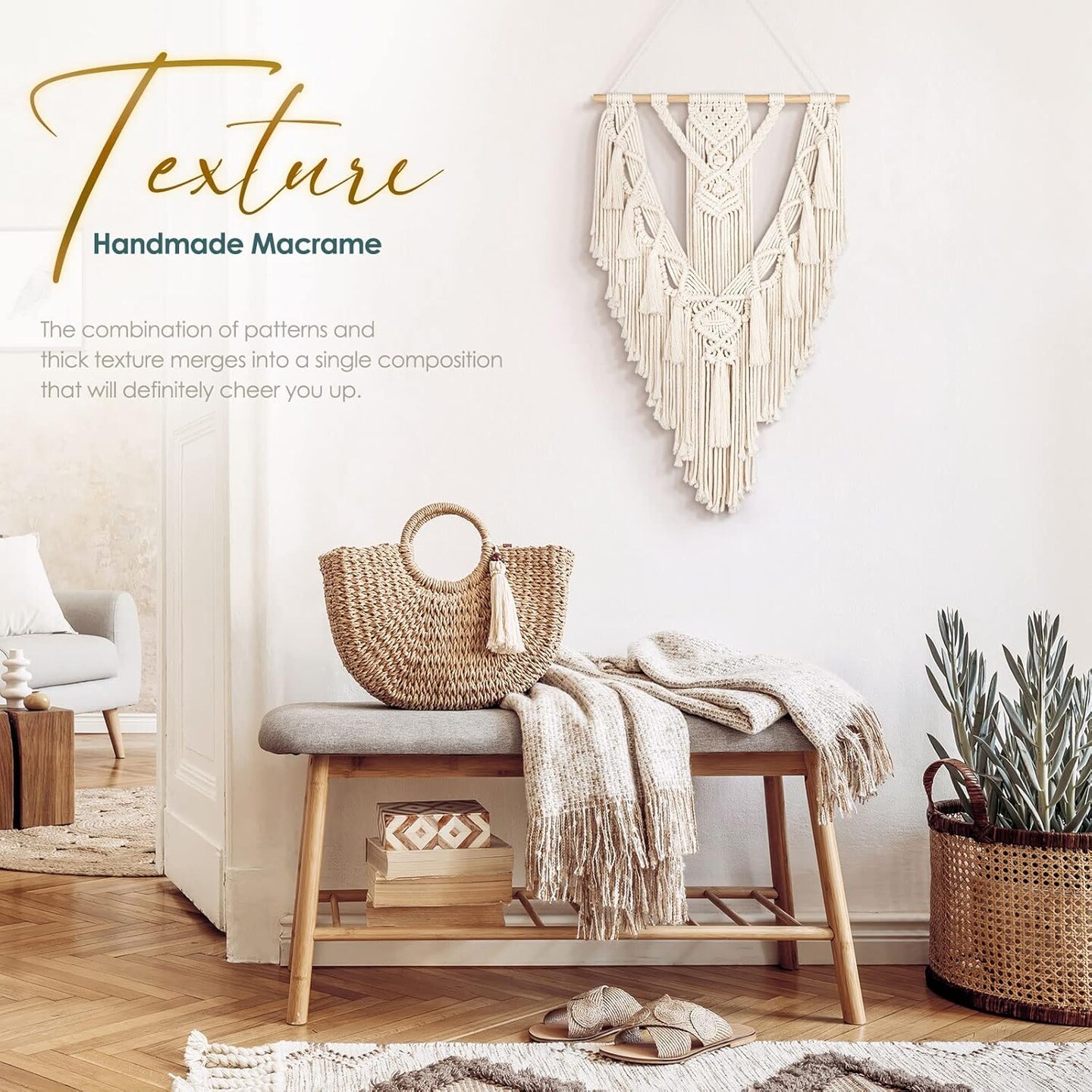 Macramé Boho Wall Hanging Décor – Geometric Woven Tapestry with Long Tassel, Handmade Cotton Bohemian Art for Dorm, Bedroom, or Western-Style Home, Great Gift for Women