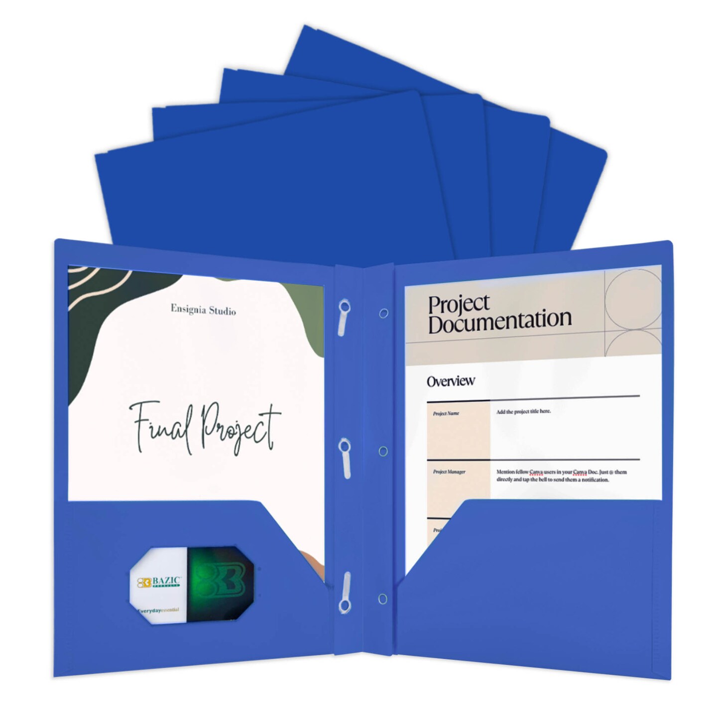 BAZIC Poly 2-Pockets Portfolio - Blue Color w/ 3-Prong Fastener
