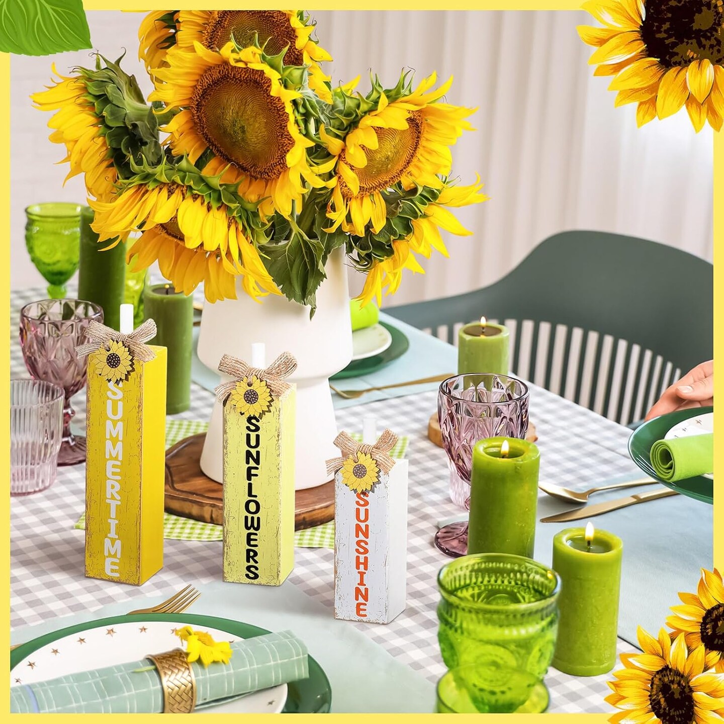 3 Pcs Sunflower Table Decor Summer Wooden Block Sign Summer Tiered Tray Decor Rustic Farmhouse Sunflower Wood Tabletop Centerpieces for Home Kitchen Shelf Office Decorations
