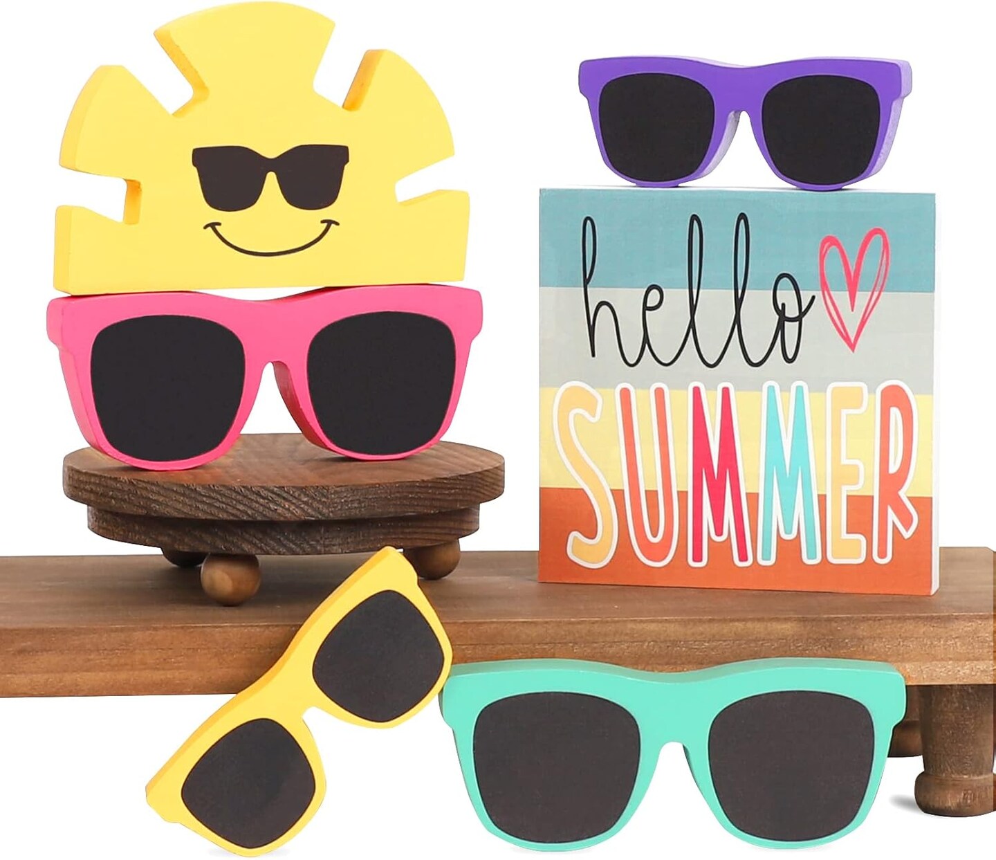 Summer Decor - 6 PCS Rustic Summer Tabletop Decor - Hello Summer Sunglasses Sunshine Wood Decorations - Luau Party Decorations