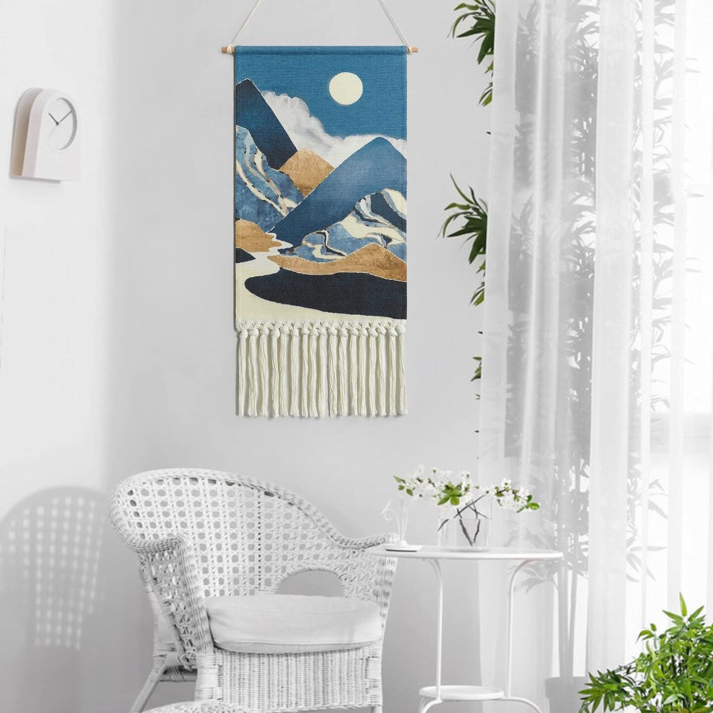 Macramé Woven Wall Hanging Tapestry – Boho Moon & Mountain Design, Blue Aztec-Inspired Wall Art for Apartment, Dorm, or Home Décor Backdrop