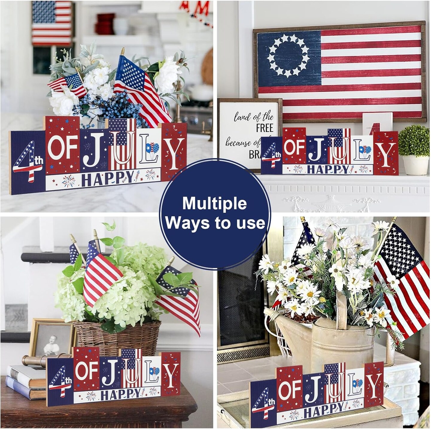 4th of July Decorations Wooden Table Sign Summer Decorations, Patriotic Independence Day Memorial Day Decorations Reversible Double-sided Different Theme Farmhouse Tabletop Centerpiece Decor