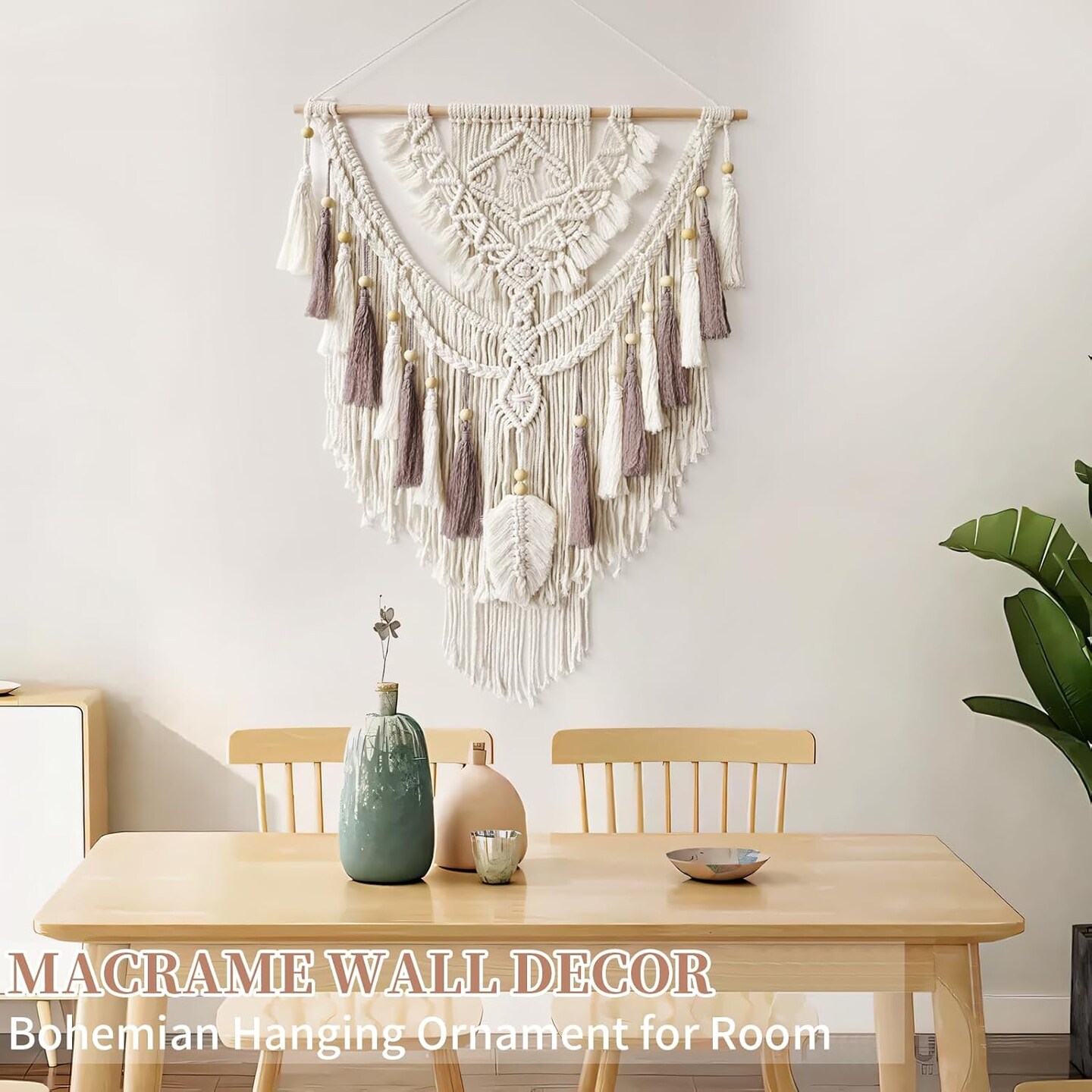 Macrame Wall Hanging, Woven Tapestry Beige & Dusty Rose Handmade Craft Macrame Wall Decor, Gallery & Nursery, Size 37.4” Lx27.5” W