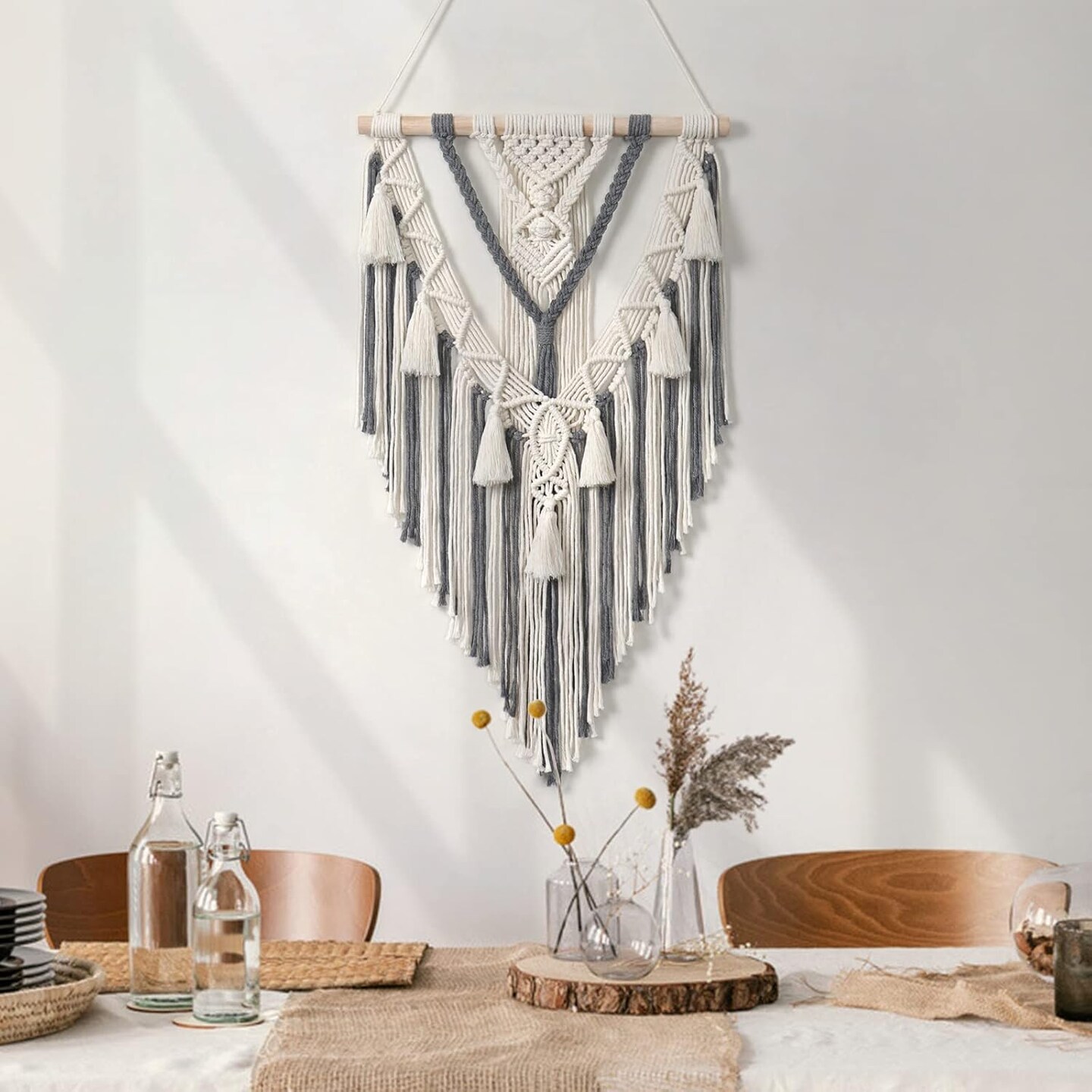 Macrame Woven Wall Hanging Boho Geometric Woven Tapestry Beige &#x26; Grey Cotton Handmade Bohemian Art Decor with Tassel Craft Ornament for Bedroom Living Room Apartment Nursery (Grey)