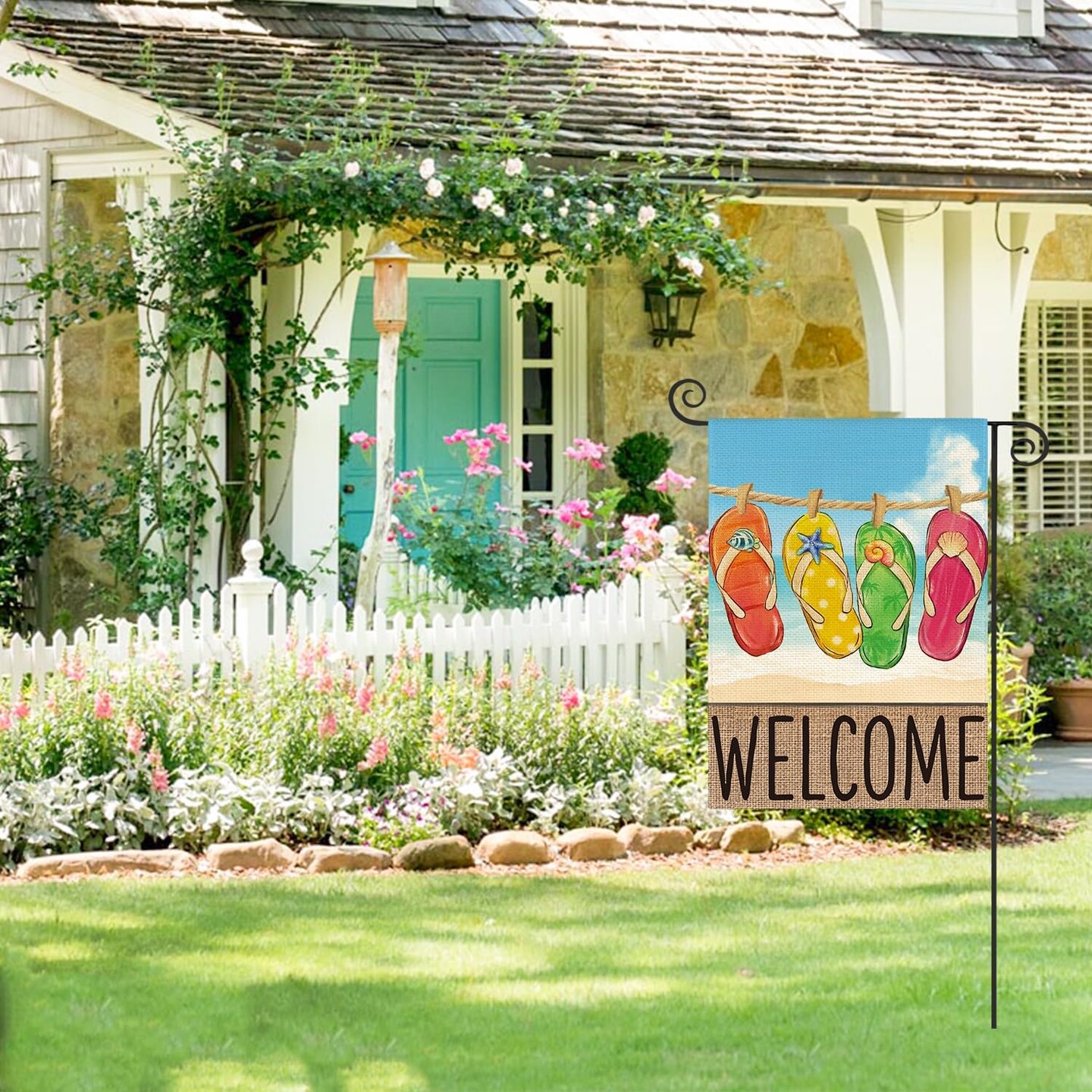 Summer Beach Flip-flop Garden Flag 12x18 Inch Double Sided, Welcome Seasonal Holiday Burlap Yard Outdoor Decoration