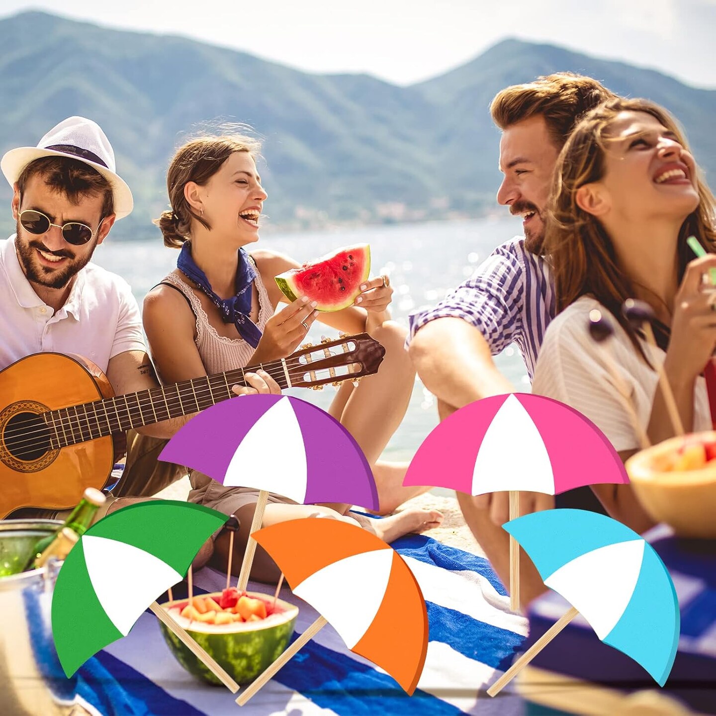 6 Pcs Summer Wooden Decor Colorful Umbrella Table Centerpieces Tiered Tray Decor Set Wooden Sun Shade Parasol Block Signs