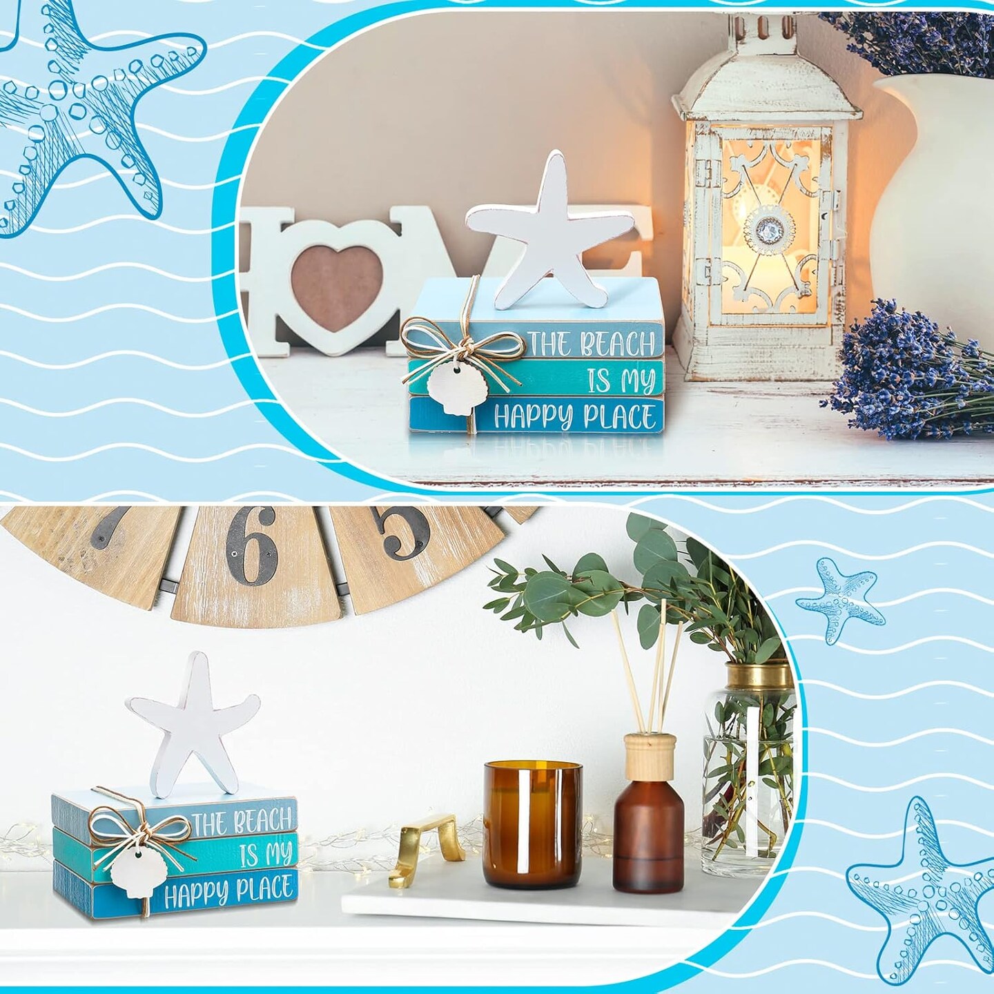 4 Pcs Starfish Shell Beach Tabletop Beach Blue Wooden Book Decor Wood Stacked Book Table Centerpiece for Summer Rustic Farmhouse Home Living Room Decorative(Starfish Shell)