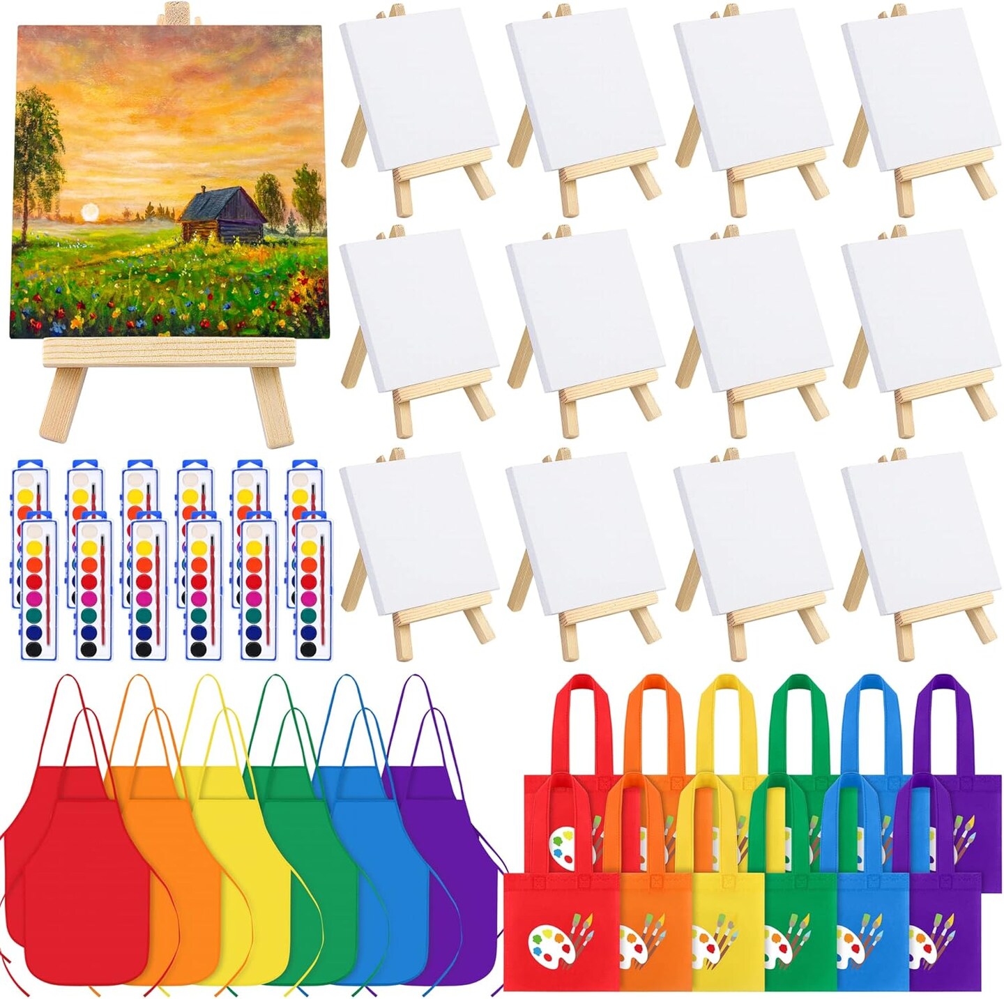 12 Watercolor Paint Set, 48 Pieces Mini Paint Set with 8 Colors Watercolor Paints, Mini Wood Easels, Canvas Bags, Aprons, Art Beginner Supplies