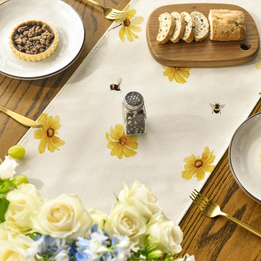 Yellow Flowers Daisy Bees Summer Table Runner, Seasonal Easter Fall Holiday Kitchen Dining Table Decoration for Home Party Indoor