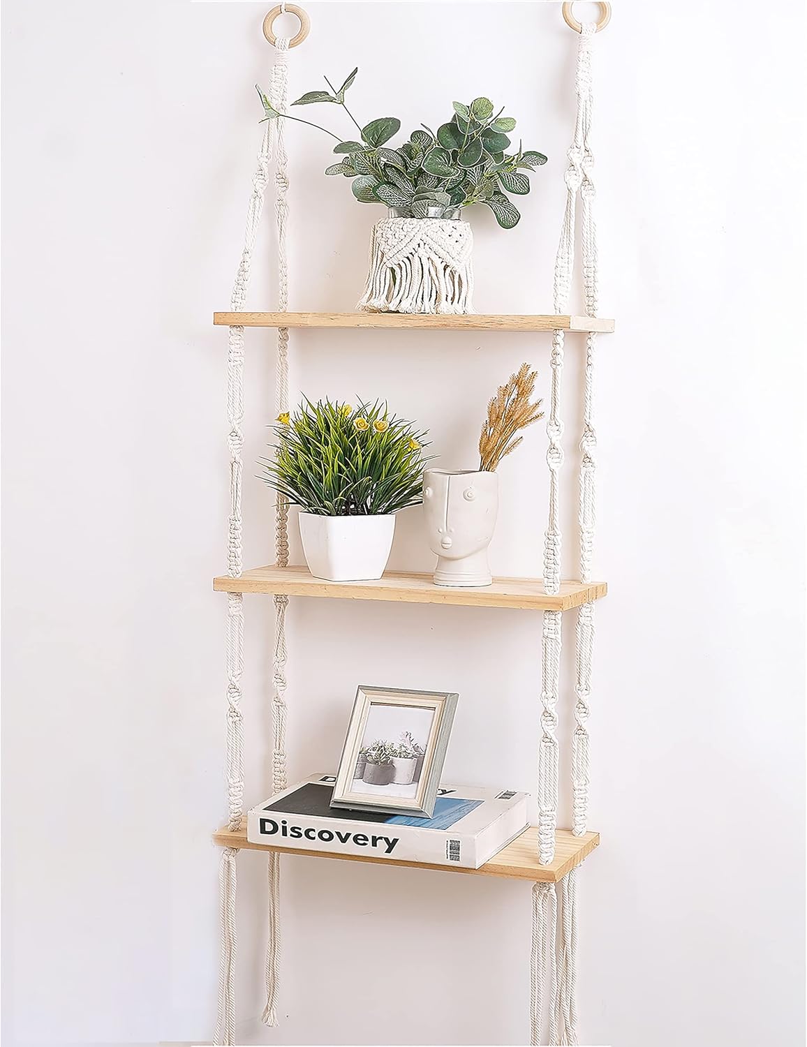 Boho 3-Tier Wooden Plant Shelves - Macrame Wall Hanging Storage for Apartment, Bathroom, Living Room, Bedroom