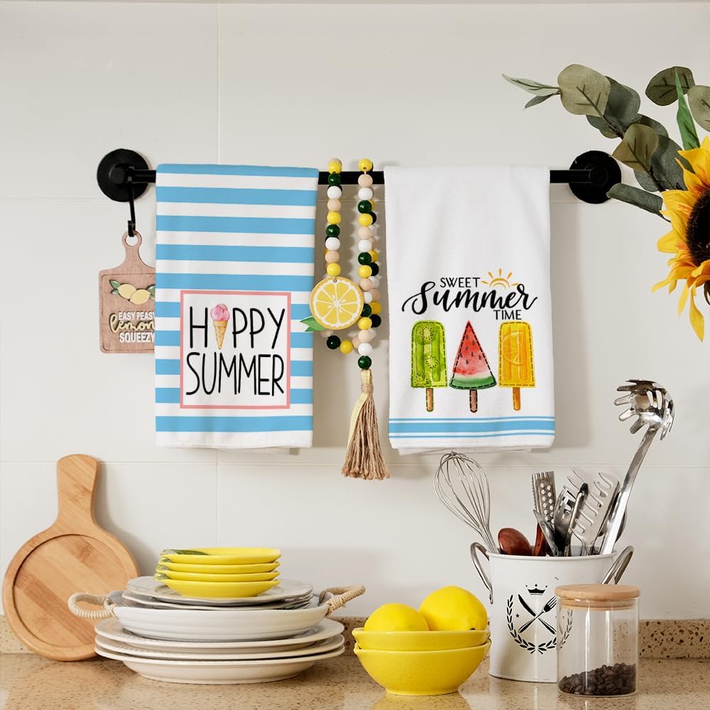 Popsicle Hello Summer Kitchen Towels Dish Towels Set of 2,Blue Stripes Ice Cream Hand Towels 18x26 Inch Drying Dishcloth,Farmhouse Home Seasonal Holiday Summer Decorations