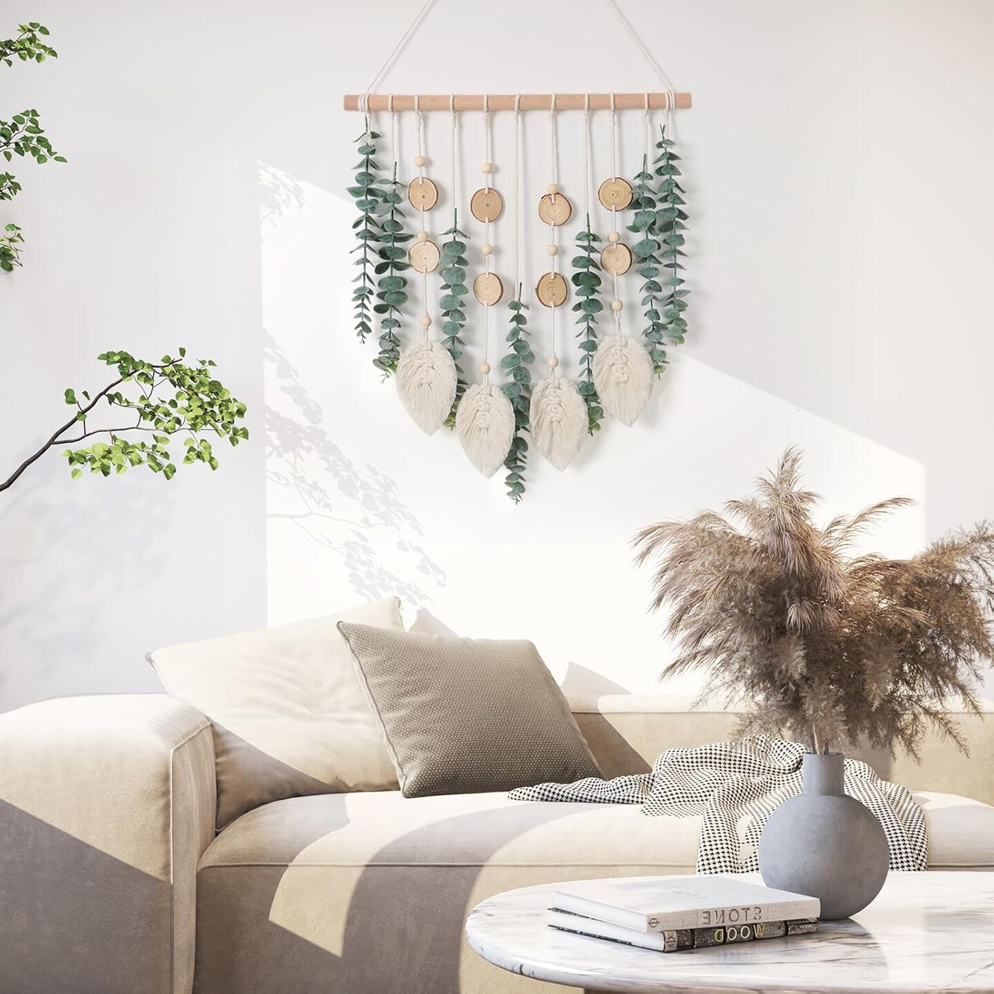 Artificial Eucalyptus Wall Hanging Faux Greenery Decor with Fake Eucalyptus Stems Plants Wooden Stick Macrame Leaves Boho Chic Bohemian Home Wall Art for Nursery Living Room Bedroom Bathroom