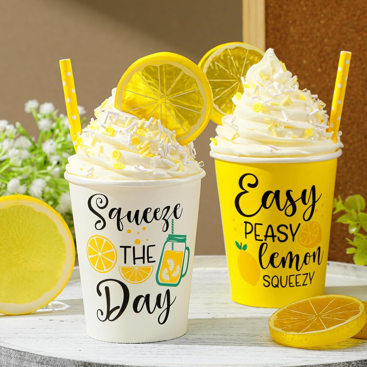 2 Pcs Summer Lemon Tiered Tray with Faux Whipped Cream Cups, Table Centerpiece, Kitchen Decor, Rustic Farmhouse Table Decor, Birthday Idea