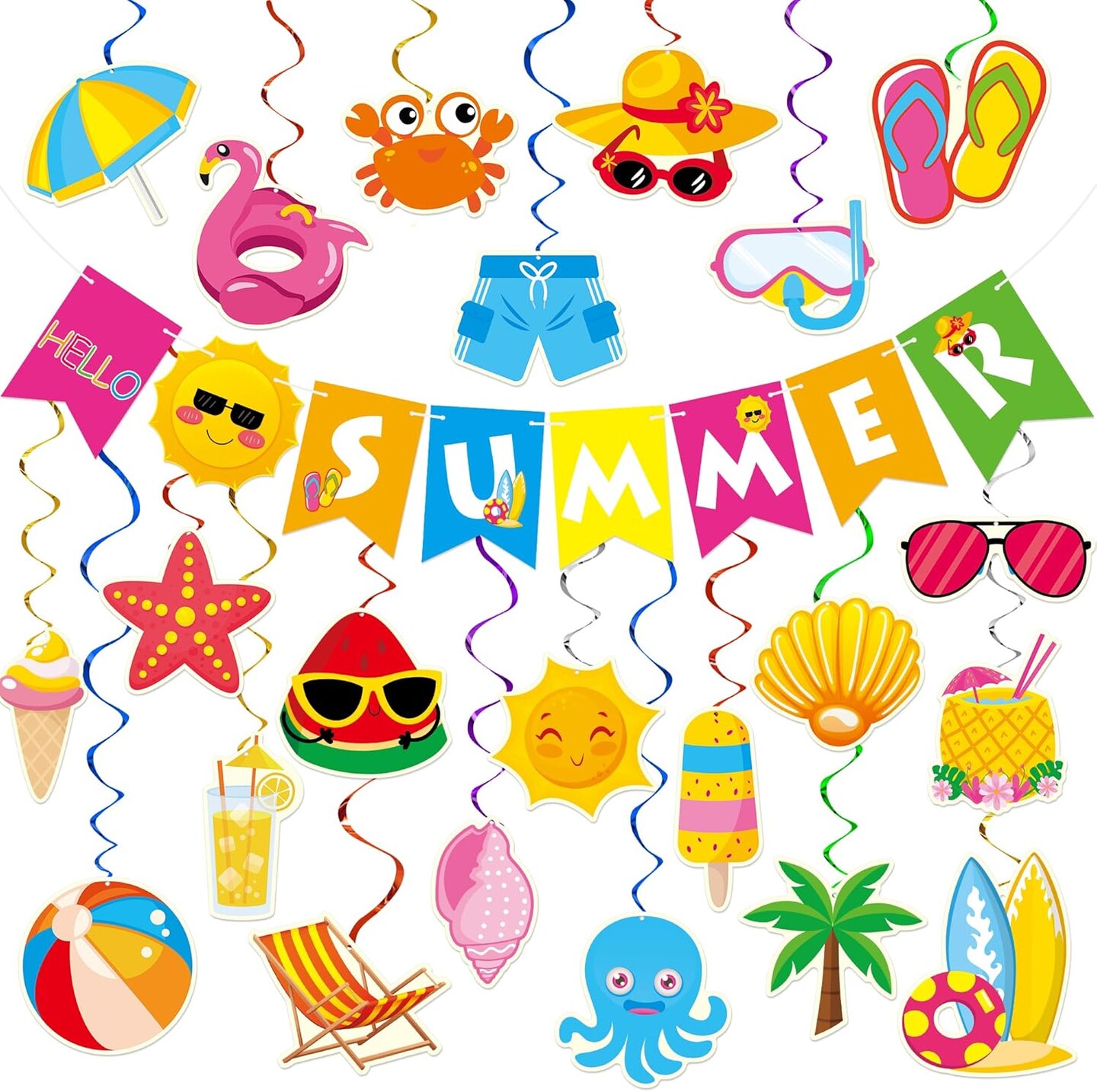 Summer Party Decorations - 61 Pcs Beach Pool Party Decorations Hello Summer Banner Pool Beach Hanging Streams Decor for Home Office School Classroom