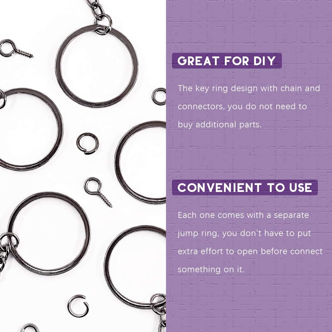300Pcs 7/5 Inch 35mm Black Flat Key Chain Rings Kit, Including 100Pcs Split Keychain Rings with Chain and 100Pcs Jump Ring with 100Pcs Screw Eye Pins Bulk for Jewelry Findings Making
