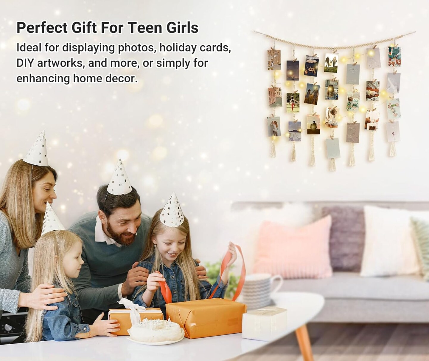 Macramé Hanging Photo Display – Boho Wall Decor with String Lights & Wooden Beads, Collage Picture Frame Holder with 45 Clips for Bedroom, Living Room, Dorm, or Teen Girls, Perfect Christmas Gift