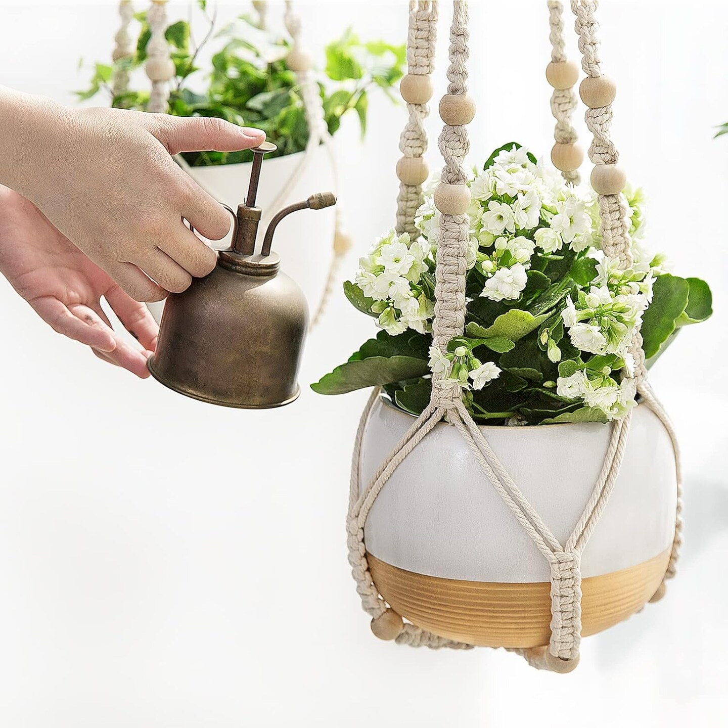Macrame Plant Hanger Indoor Hanging Planter Basket with Wood Beads Decorative Flower Pot Holder No Tassels for Indoor Outdoor Boho Home Decor 35 Inch, Ivory, Set of 1 (POTS NOT Included)
