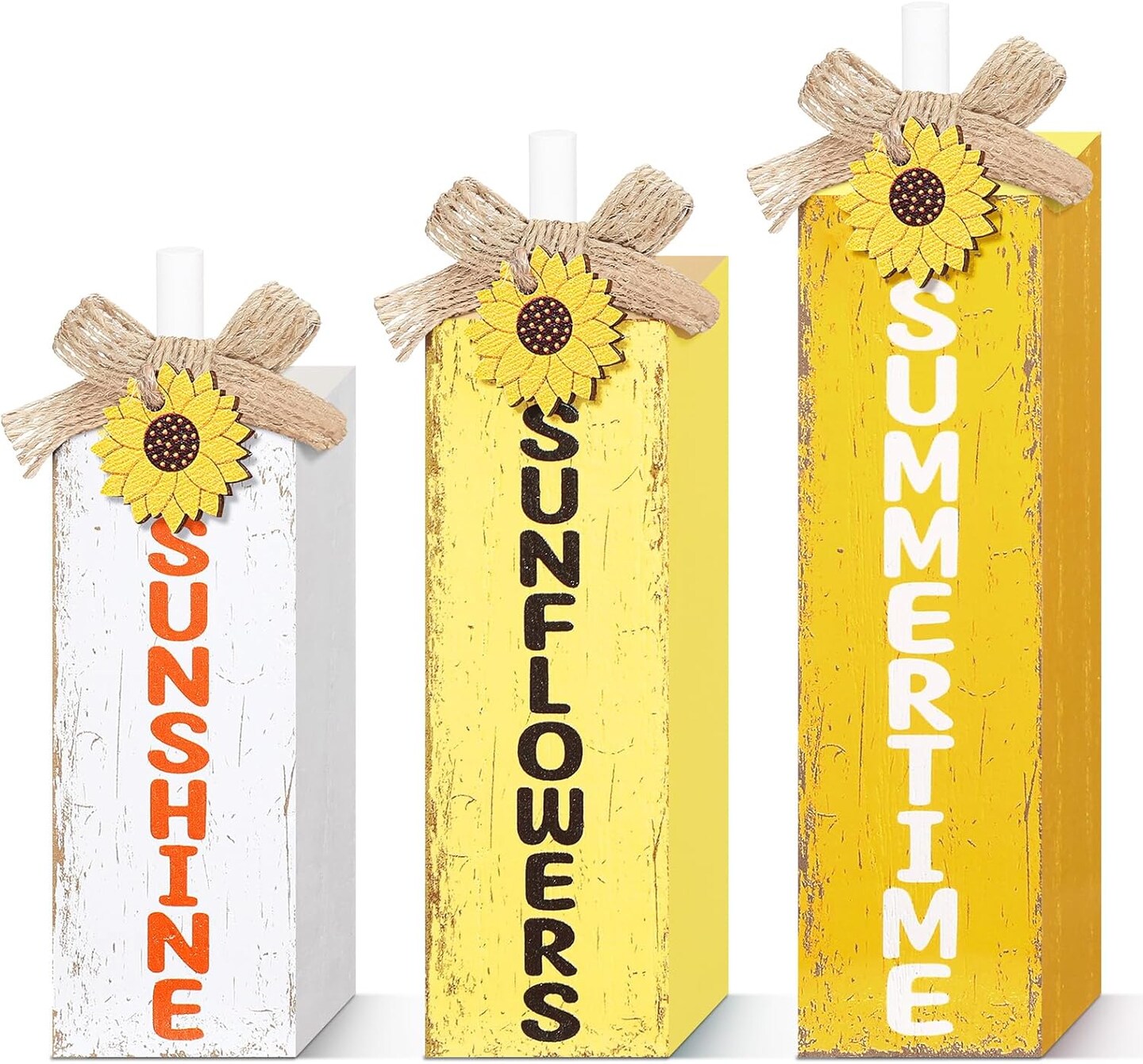 3 Pcs Sunflower Table Decor Summer Wooden Block Sign Summer Tiered Tray Decor Rustic Farmhouse Sunflower Wood Tabletop Centerpieces for Home Kitchen Shelf Office Decorations