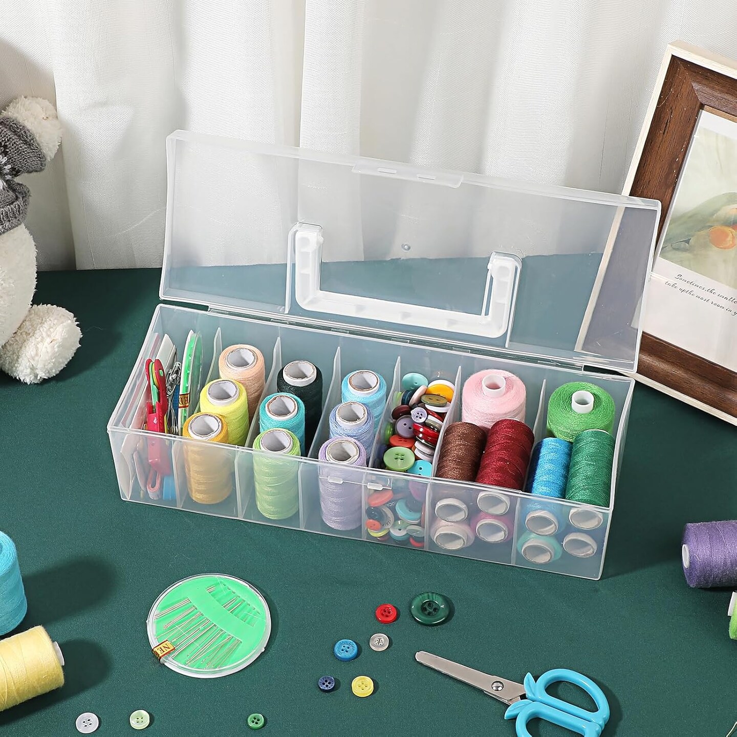 Pack of 2 Clear Plastic Storage Bin with Lid and Handle, Portable Storage Box with 7 Compartments, Semi-Transparent Organizer Box for Embroidery and Sewing Threads, Crafts, Fly Tying Chenille