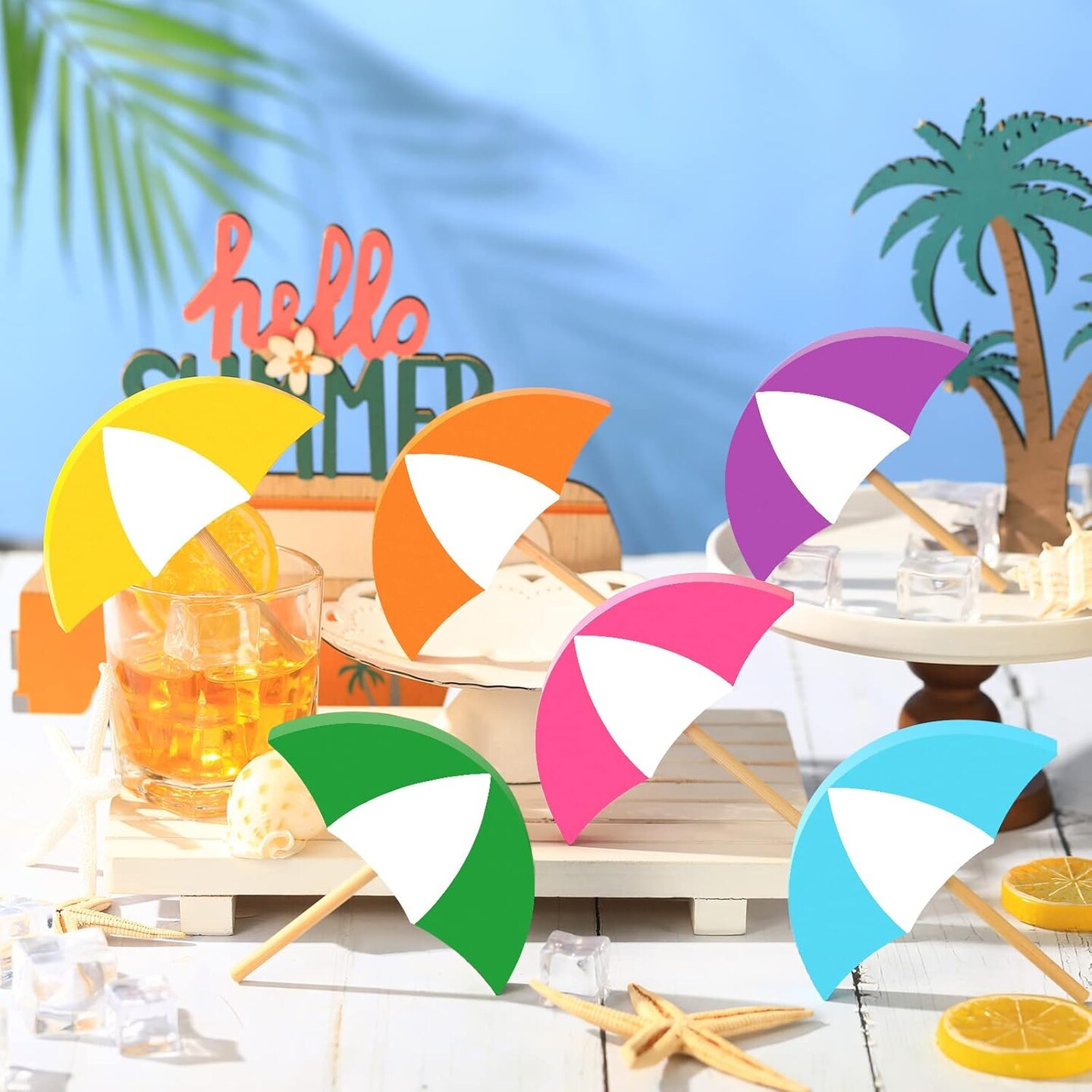 6 Pcs Summer Wooden Decor Colorful Umbrella Table Centerpieces Tiered Tray Decor Set Wooden Sun Shade Parasol Block Signs