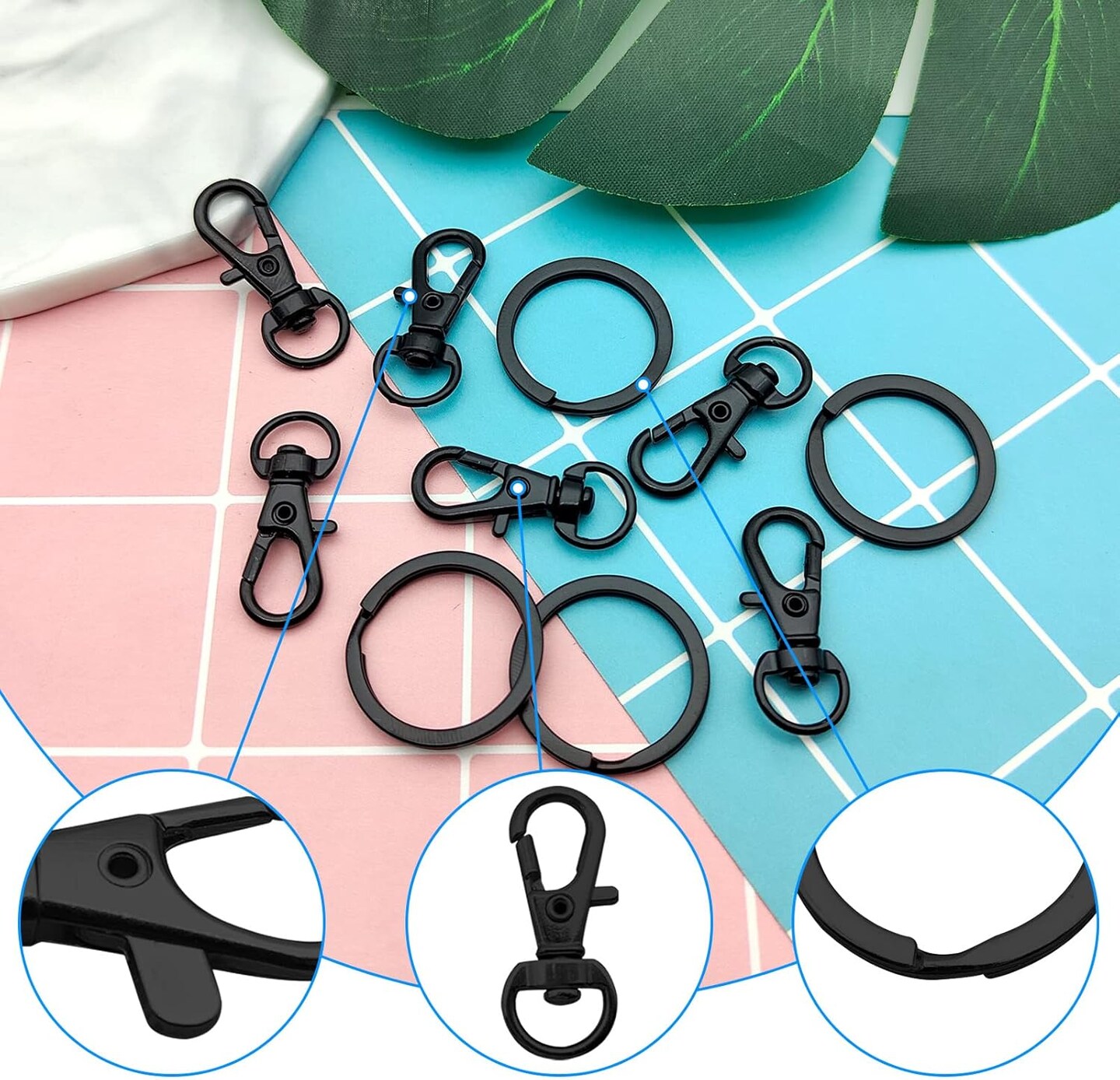 80-Piece Black Swivel Snap Hook and Key Ring Set – Includes swivel clasps, lanyard lobster claw clasps, and metal hooks for keychains, DIY jewelry, purses, and crafting projects.