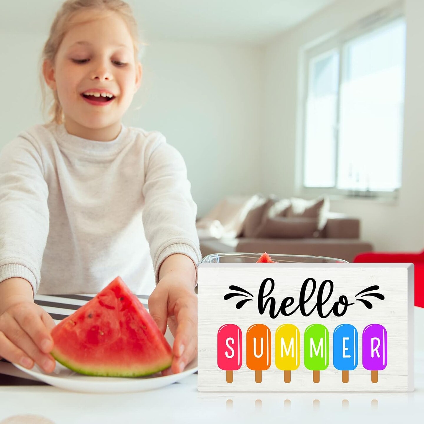 Hello Summer Wood Sign for Home Farmhouse Decor 9 x 5.5 Inch Summer Tabletop Centerpiece Freestanding Decor Wooden Cutout Decoration for Home Kitchen Counter Dining Room