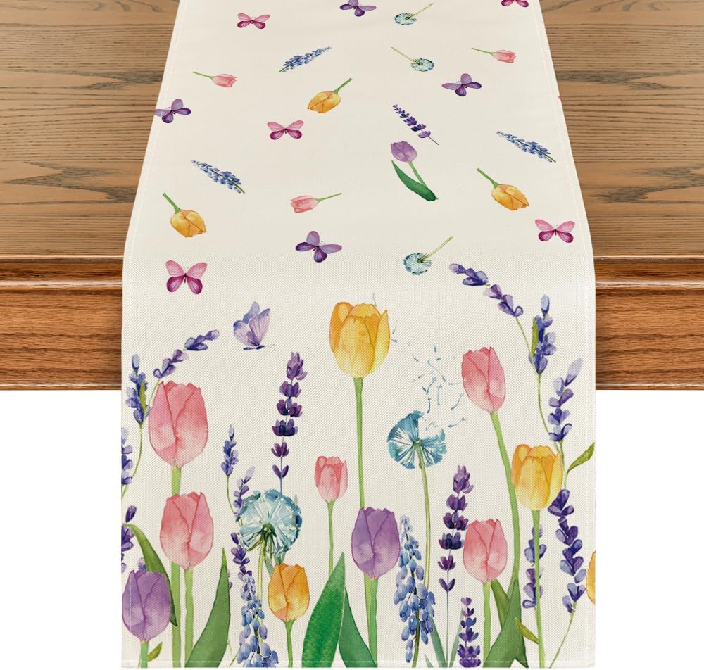 Lavender Tulip Summer Table Runner, Spring Seasonal Anniversary Holiday Kitchen Dining Table Decoration for Indoor Outdoor Home Party Decor
