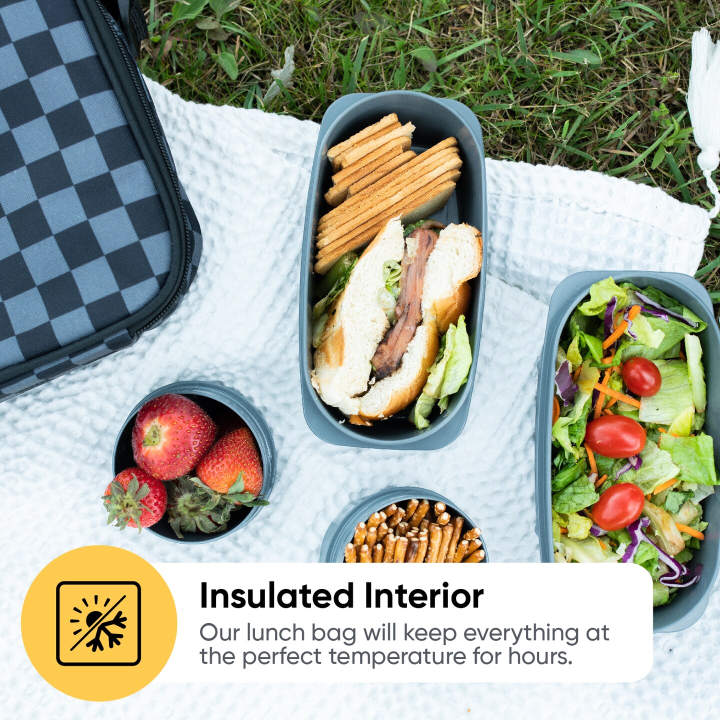 Superio Insulated Lunch Bag with Containers, Thermal Lined Lunch Box, Grey Checked