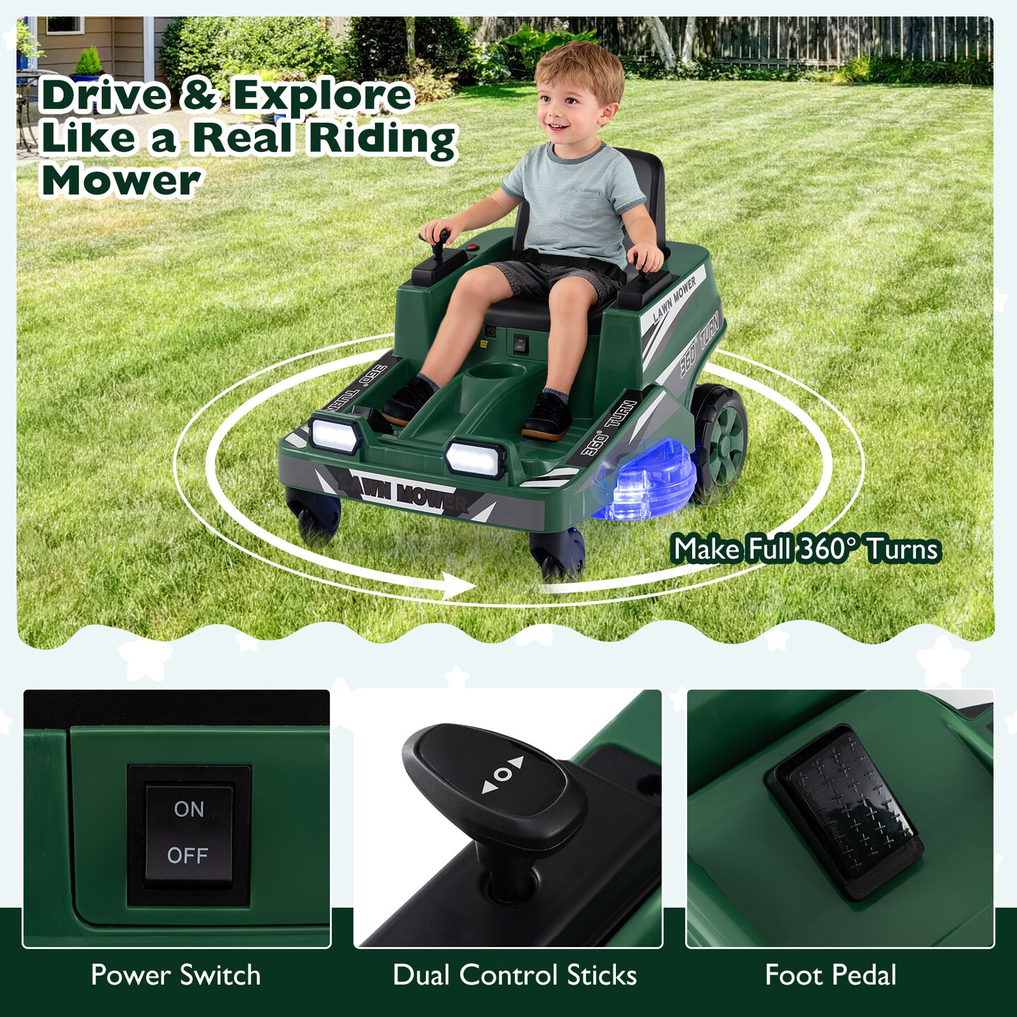 12V Kids Ride-On Lawn Mower Toy with LED Lights and Parent Control