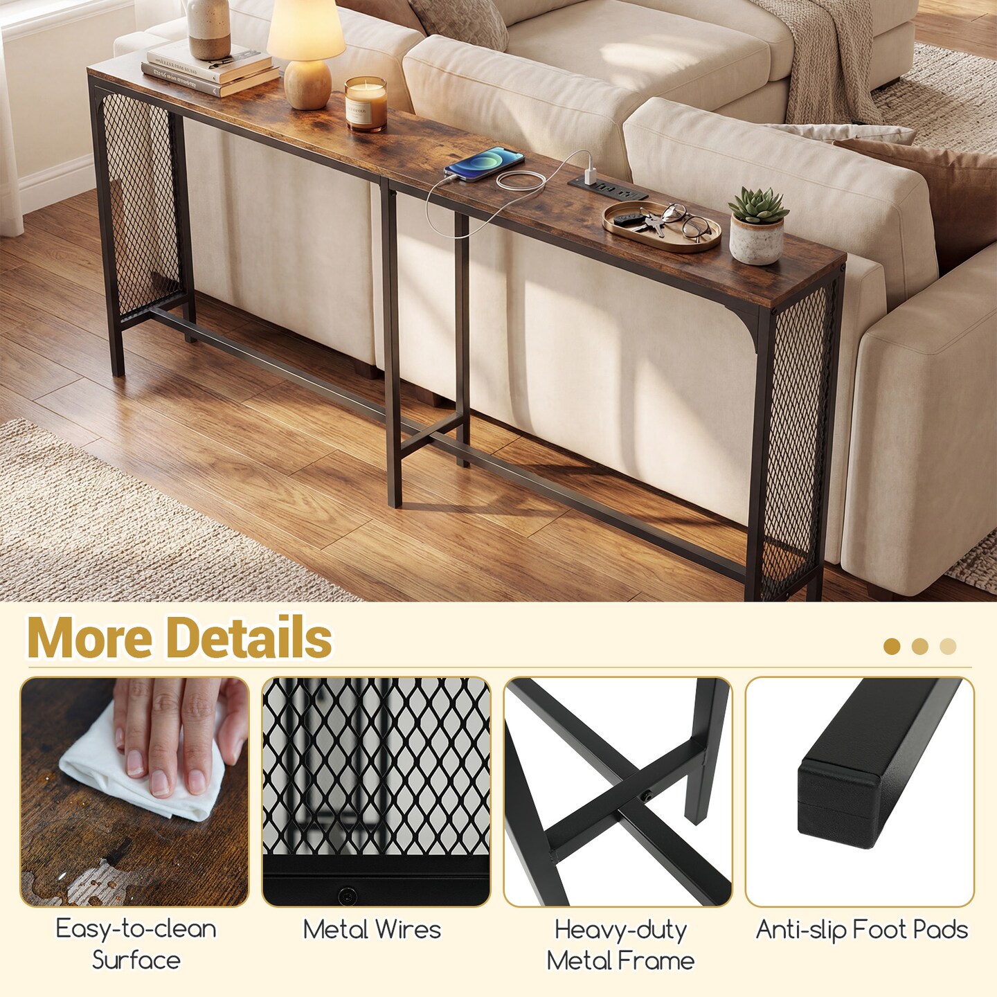 Brown 71" Narrow Console Table with Power Outlet for Small Spaces