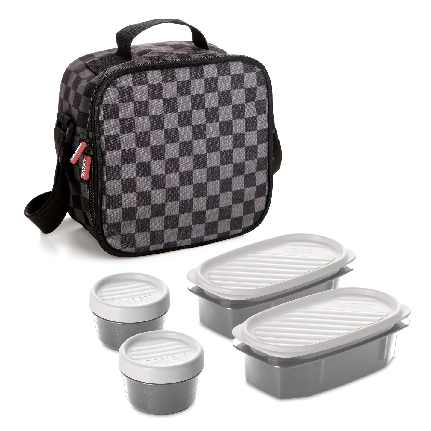 Superio Insulated Lunch Bag with Containers, Thermal Lined Lunch Box, Grey Checked