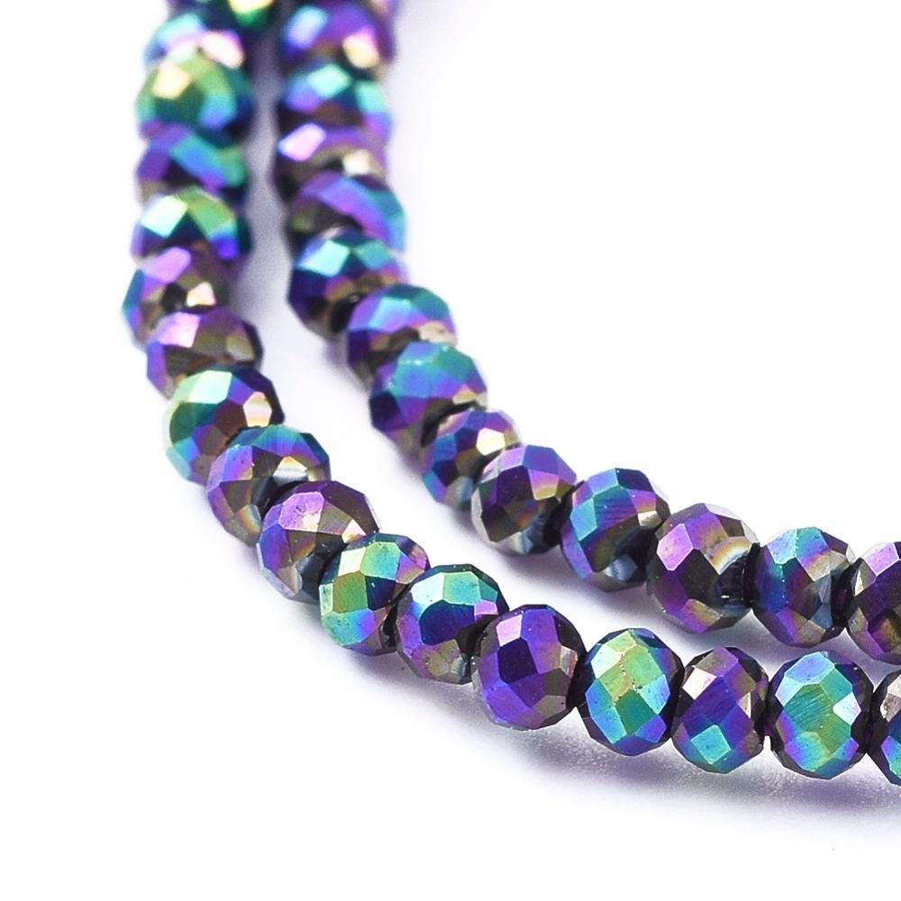 2x1.5mm Metallic Blue Iris Electroplated Glass Faceted Micro Rondelle Spacers (14" Strand)