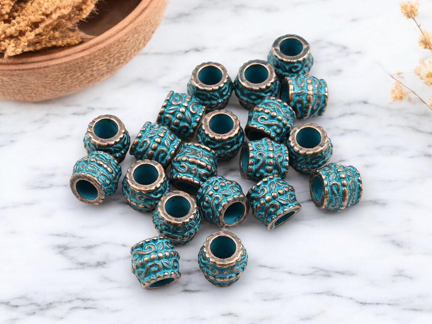 *20* 10x9mm Copper Patina Large Hole Barrel Beads