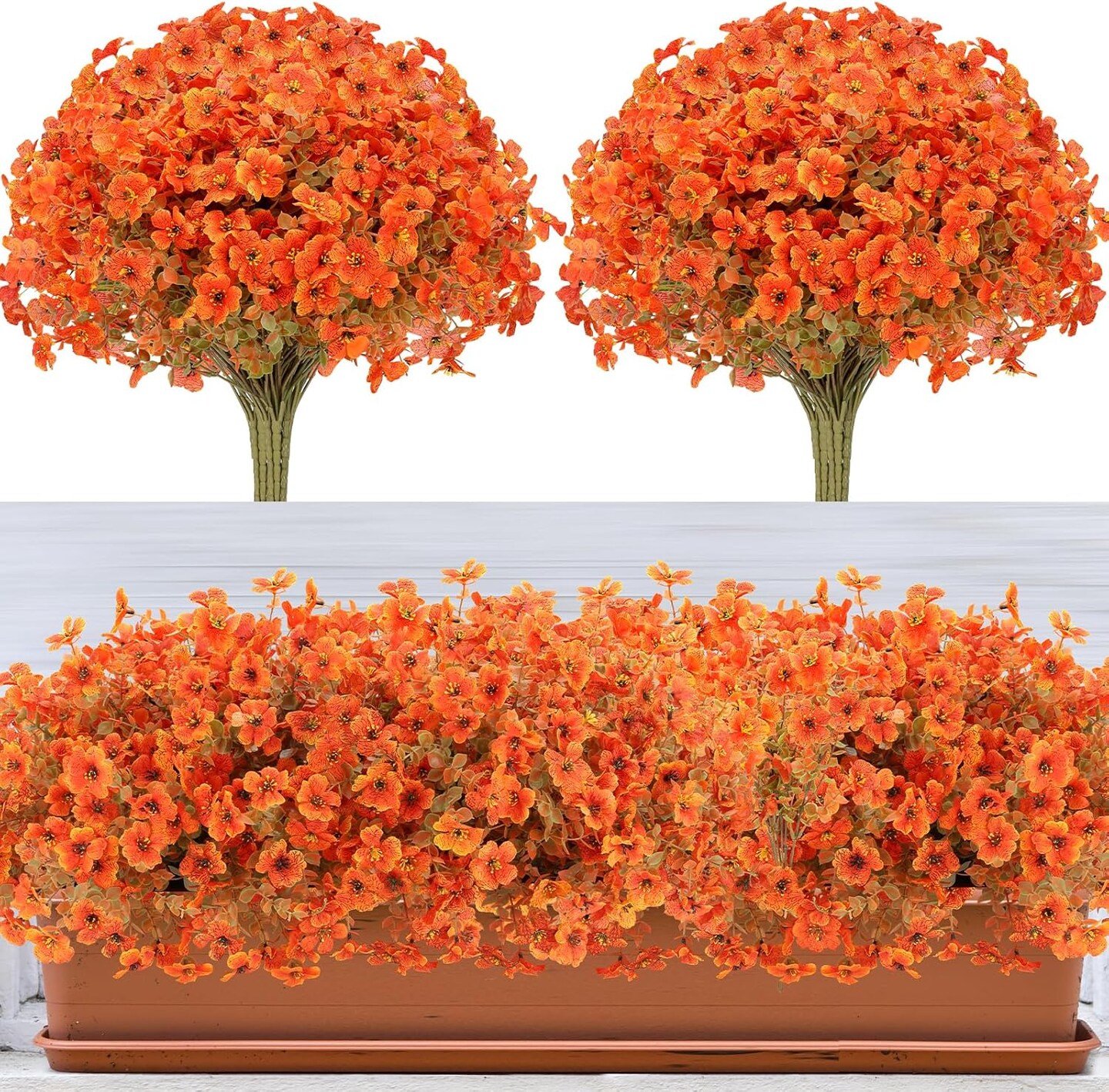 Artificial Fall Flowers for Decoration – Fall Mums with Orange-Green Leaves, UV Resistant Daisy Eucalyptus for Garden, Patio, Porch, and Home Decor (12 Pieces)