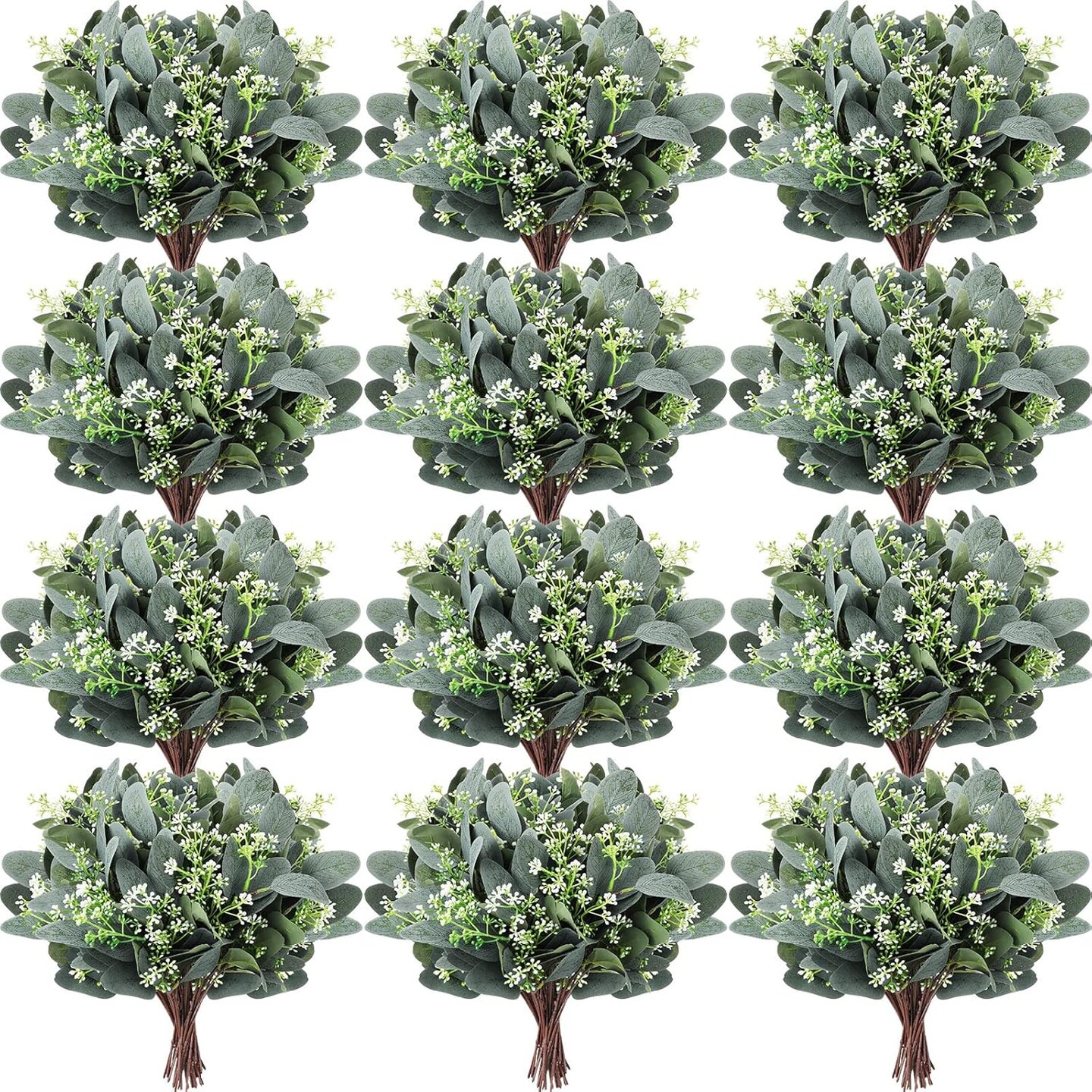 60 Pcs Eucalyptus Leaves Stems Artificial Eucalyptus Leaves Artificial Silver Dollar with White Seeds Grey Green Short Leaves Faux Branches Stems Plants for Wedding Bouquet Farmhouse Greenery Decor