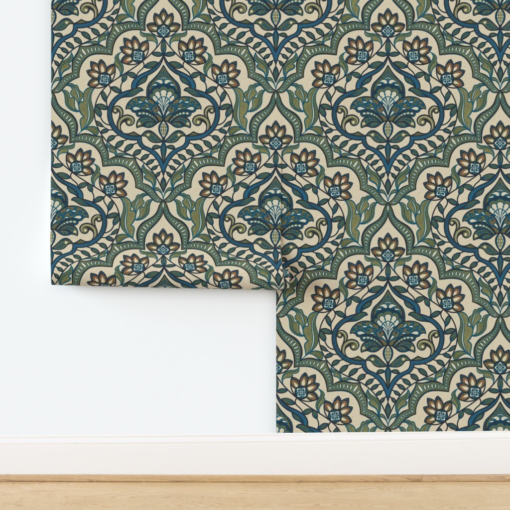 Damask Millefleur Blue Green French Farmhouse Provincial Classic Custom Removable Wallpaper by Spoonflower Peel & Stick Wallpaper 2FT Wide