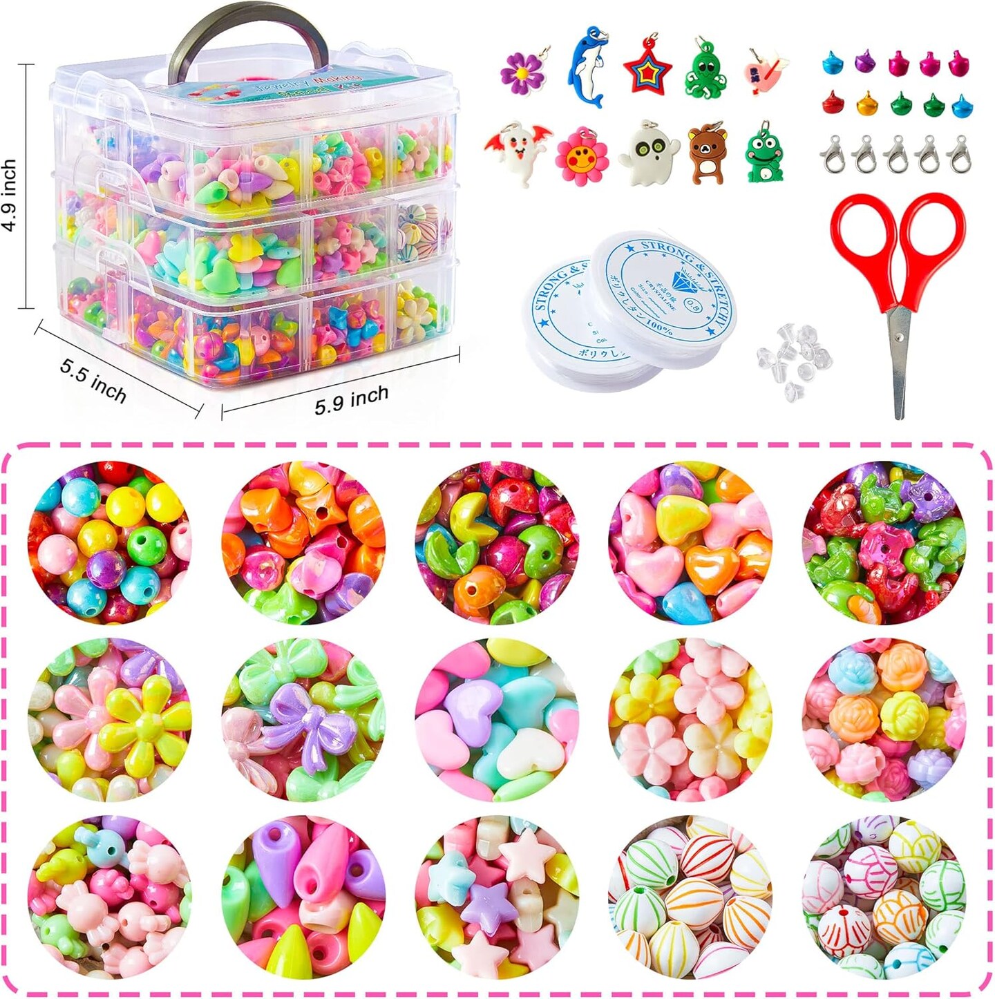 Beads for Kids Crafts, 1100 Jewelry Making Kit Includes Scissor, String, Instruction and Accessories for Bracelet Making