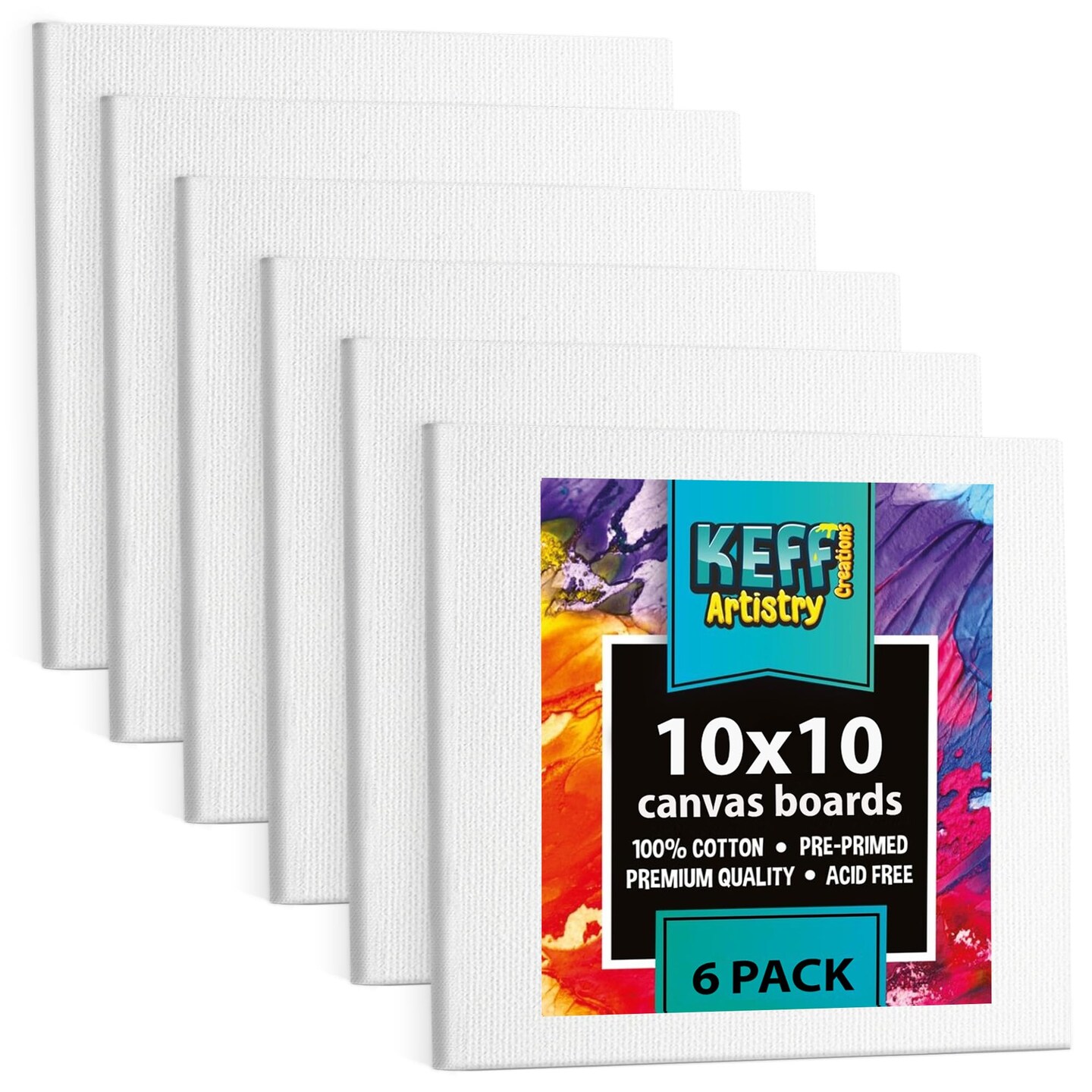 KEFF Canvas Boards for Painting - 10x10 6-Pack Bulk Canvas Panels, 100% Cotton Triple Primed Large Canvases for Art Painting Supplies, Acrylic, Oil, Watercolor &#x26; Tempera