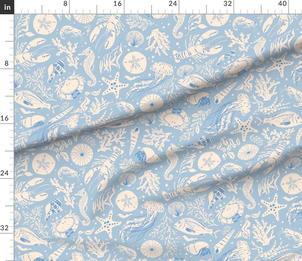 Various Fabrics by the Yard or Fat Quarter Baby Blue Beach Nautical Crab Sea Life Lobster Creature Seashell Crustacean Custom Printed Fabric by Spoonflower