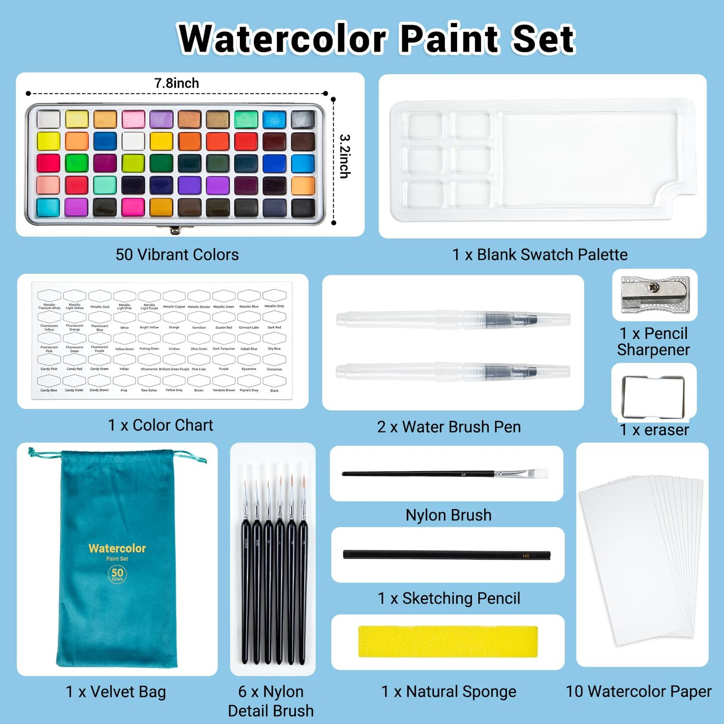 Watercolor Paint Set,50 Colors in Portable Box Travel Watercolor Set,Water Color Paint Sets for Kids,Adult and Beginner Watercolor Painting Kits with Watercolor Papers and Brushes Art supplies