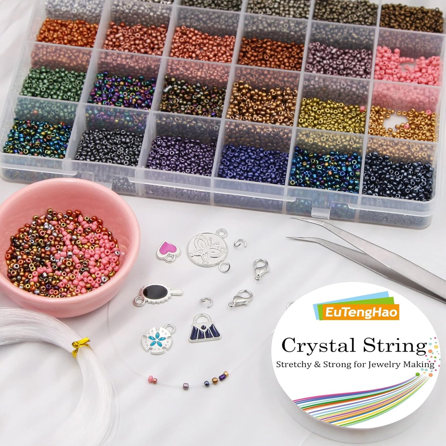 8/0 Glass Seed Beads Kit, 3mm Metal Color Waist Beads, 24Colors Small Pony Beads with String for Bracelet