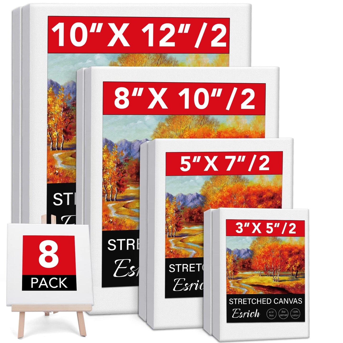 Stretched Canvases for Painting, 8PCS Multi Pack Canvas 3x5&#x201D;, 5x7&#x201D;, 8x10&#x201D;, 10x12&#x201D;(2 of Each), Acid-Free Wood Frame Blank Canvas, Art Canvas Pre Primed for Acrylic, Oil Painting, Tempera Paintings.