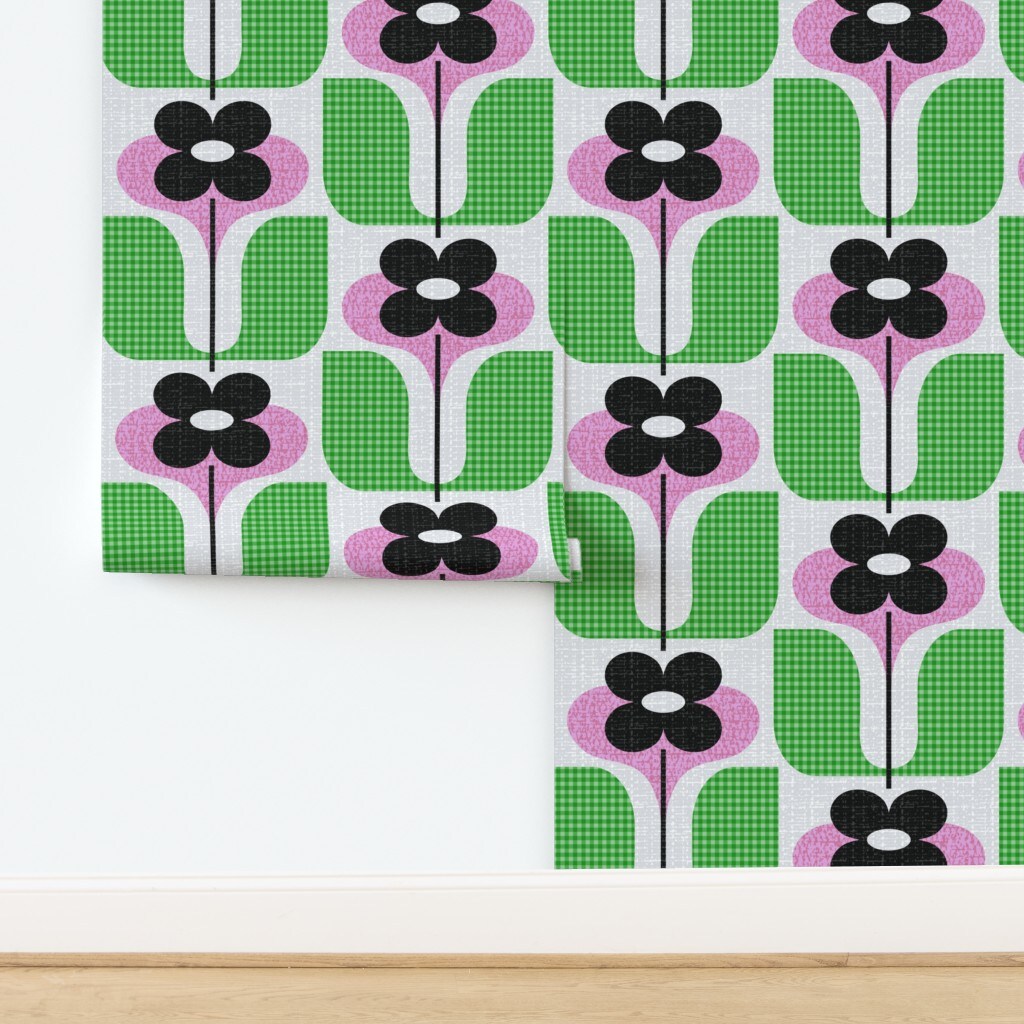Preppy Floral Pink Green Scandi Botanical Colorful Mid Century Modern Mod Custom Pre-pasted Wallpaper by Spoonflower Pre-Pasted Wallpaper 2FT Wide
