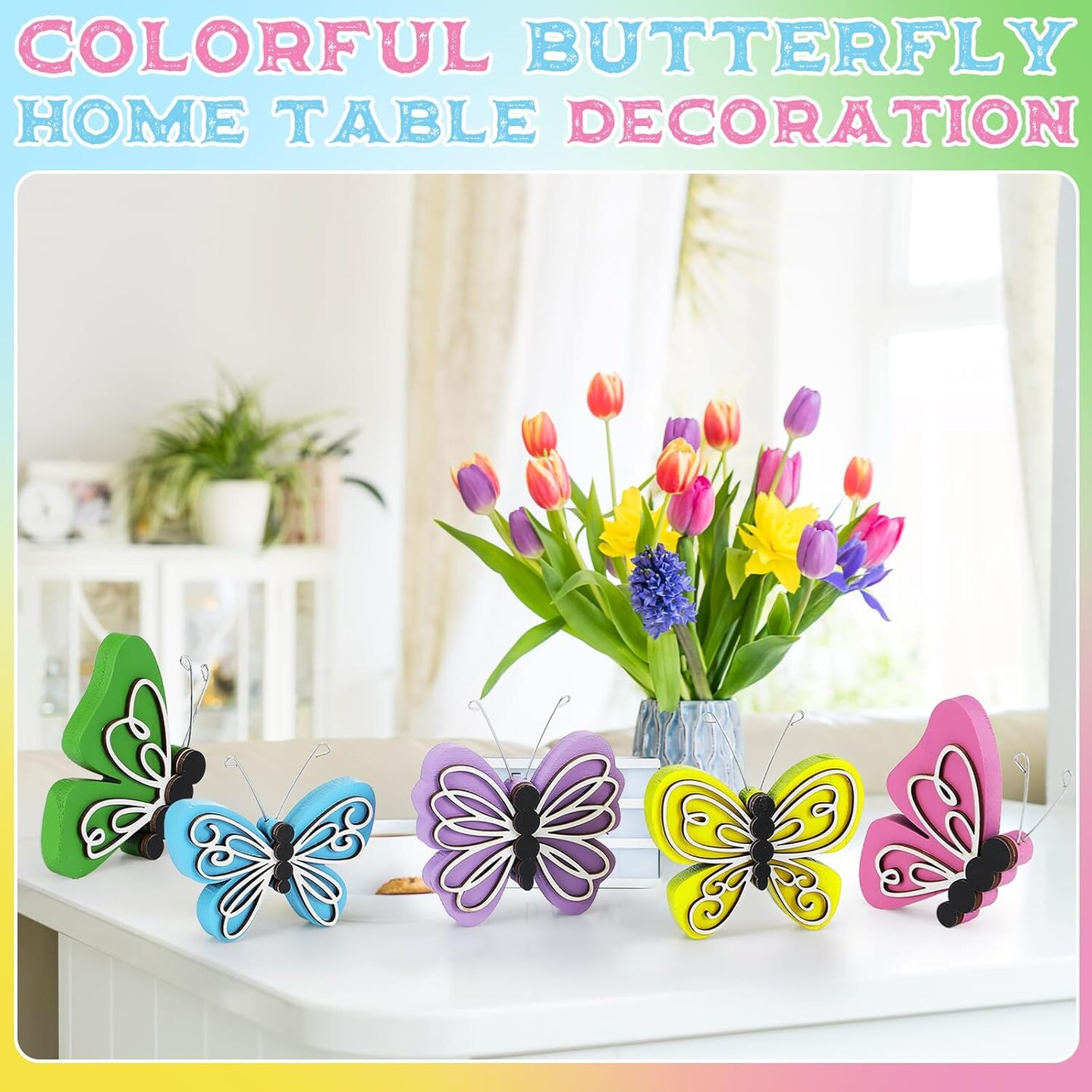 5 Pcs Spring Butterfly Wooden Table Centerpiece Tiered Tray Decor